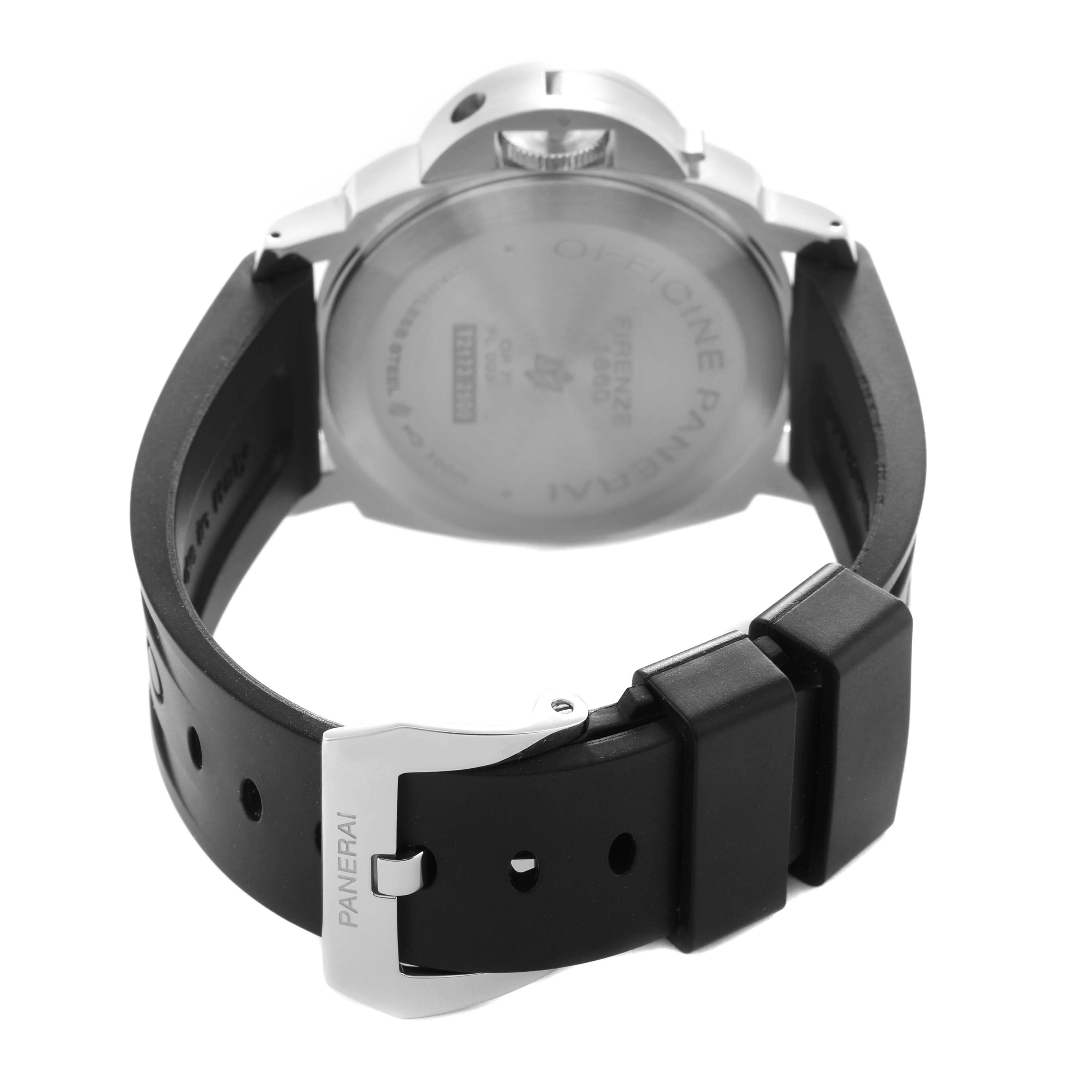 The image shows the back of a Panerai Luminor PAM01000 Men's Stainless Steel Black Dial watch, highlighting the case back and buckle.