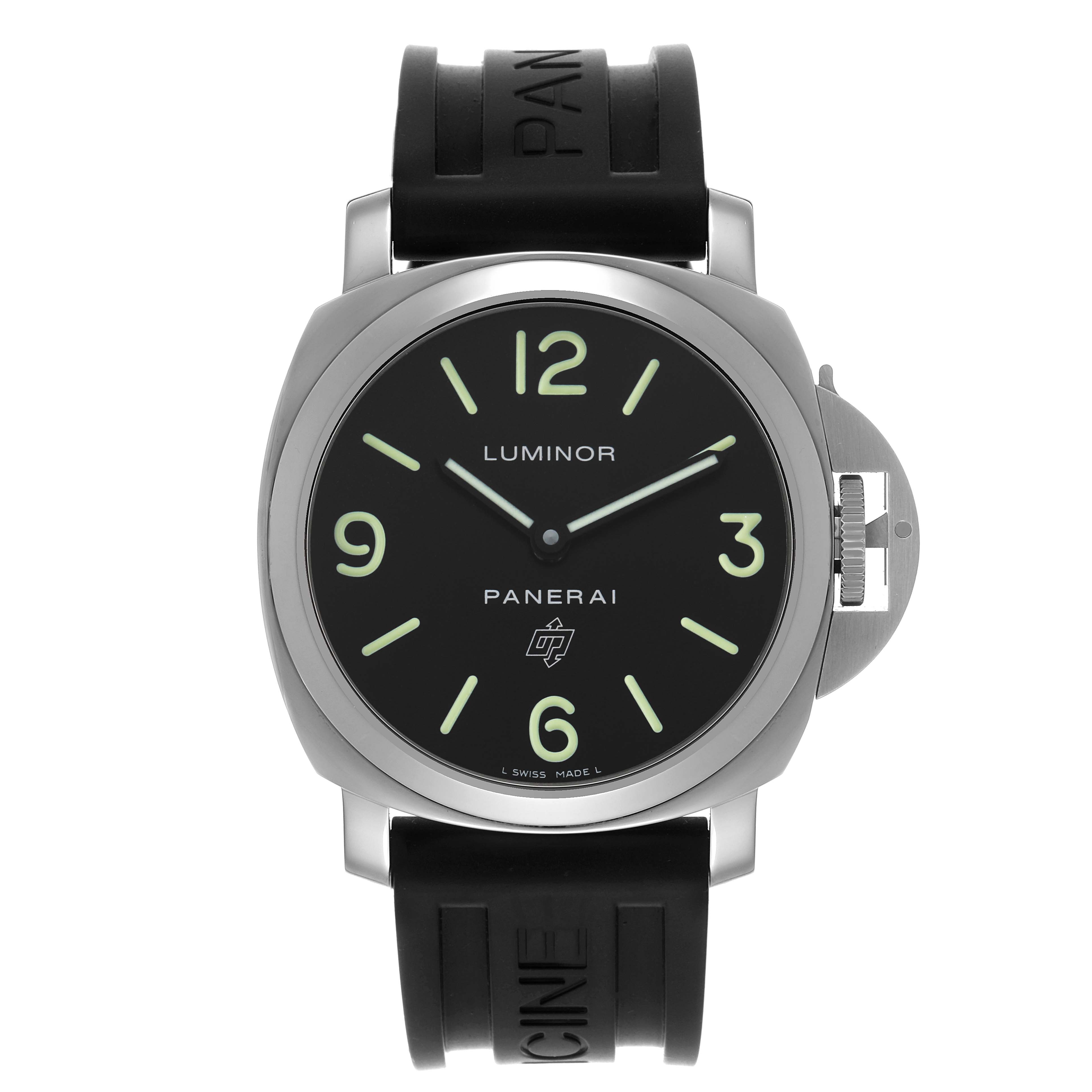This image shows a front view of a Panerai Luminor PAM01000 Men's Stainless Steel Black Dial watch, highlighting its black dial, luminous markers, and rubber strap.