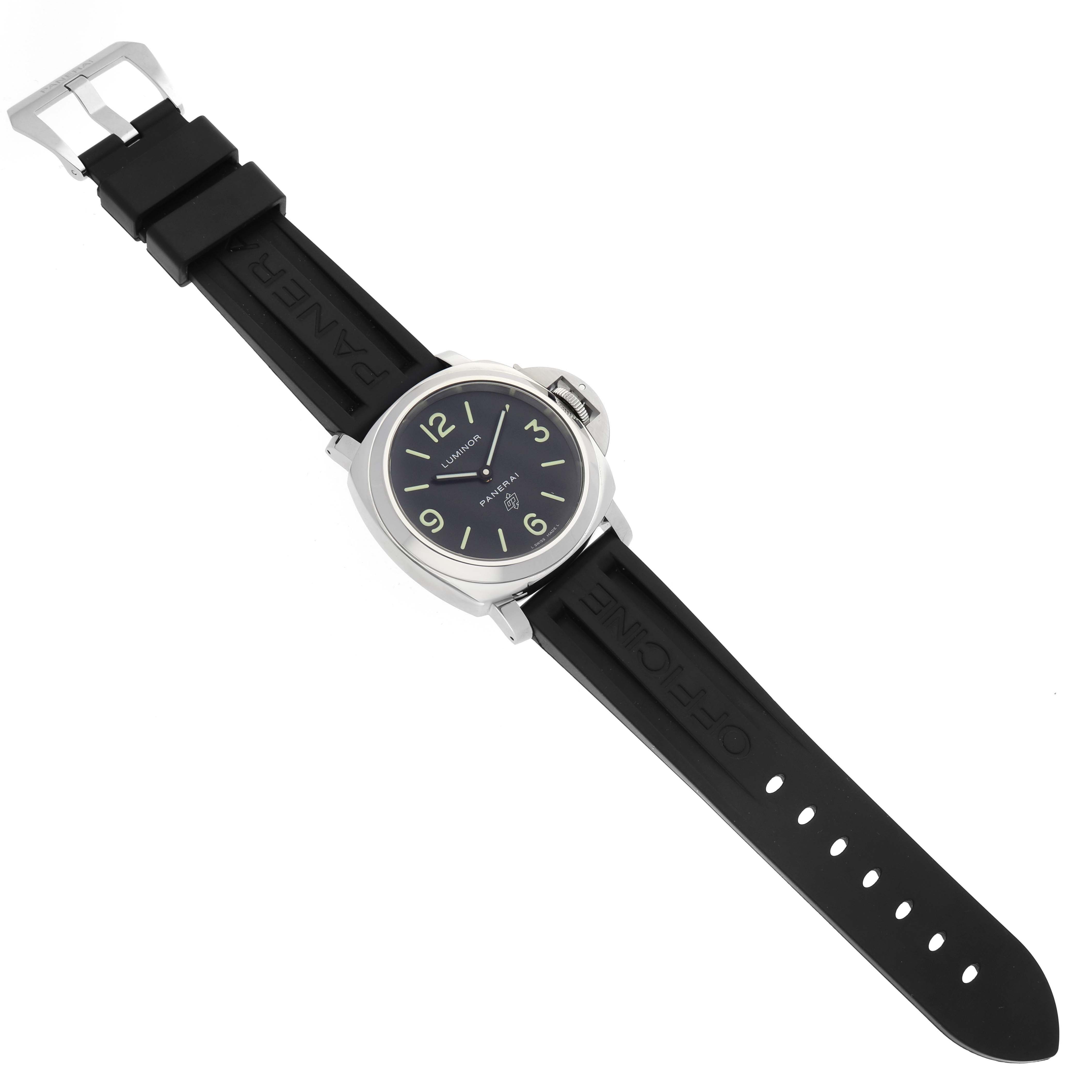 The Panerai Luminor PAM01000 Men's Stainless Steel Black Dial watch is shown from an angled overhead view, highlighting the black dial, case, and rubber strap with the buckle.