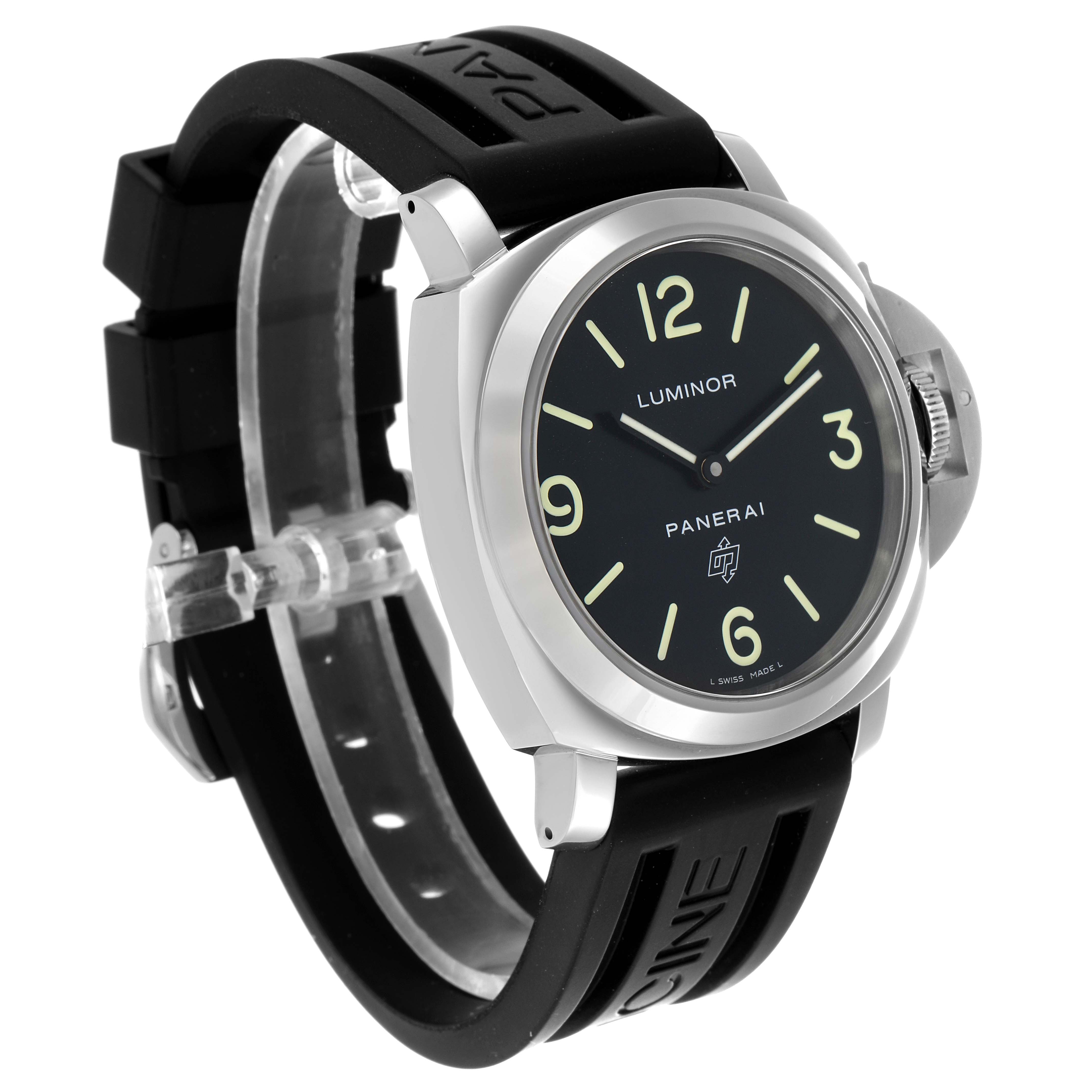 The Panerai Luminor PAM01000 Men's Stainless Steel Black Dial watch is shown at a slight angle, highlighting the face, bezel, crown guard, and black rubber strap.
