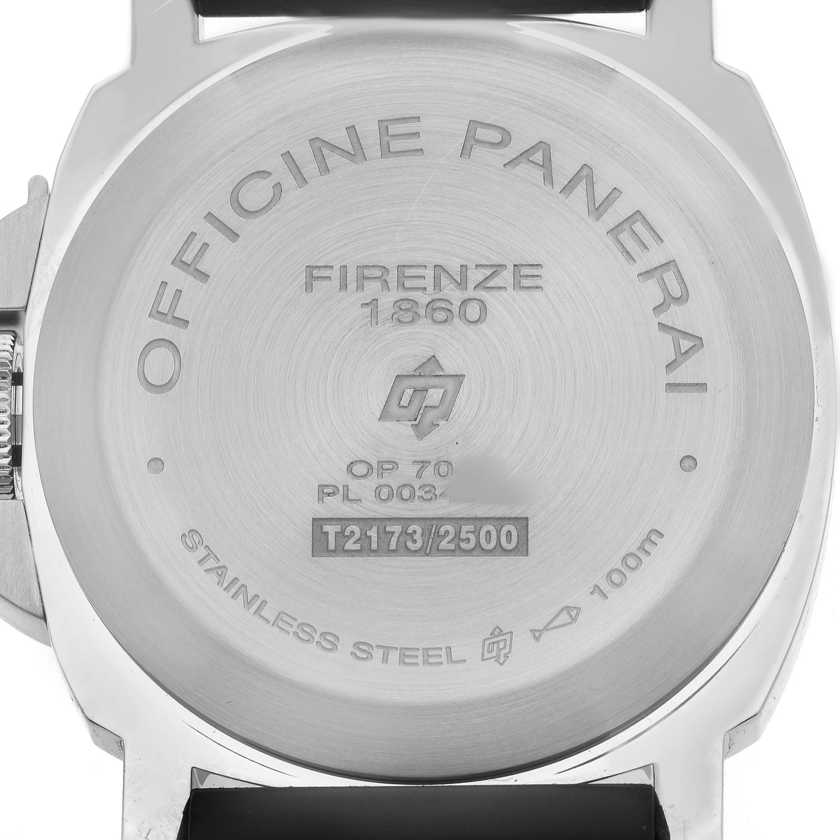 This image shows the back case of a Panerai Luminor PAM01000 Men's Stainless Steel Black Dial watch, with model and serial details engraved.