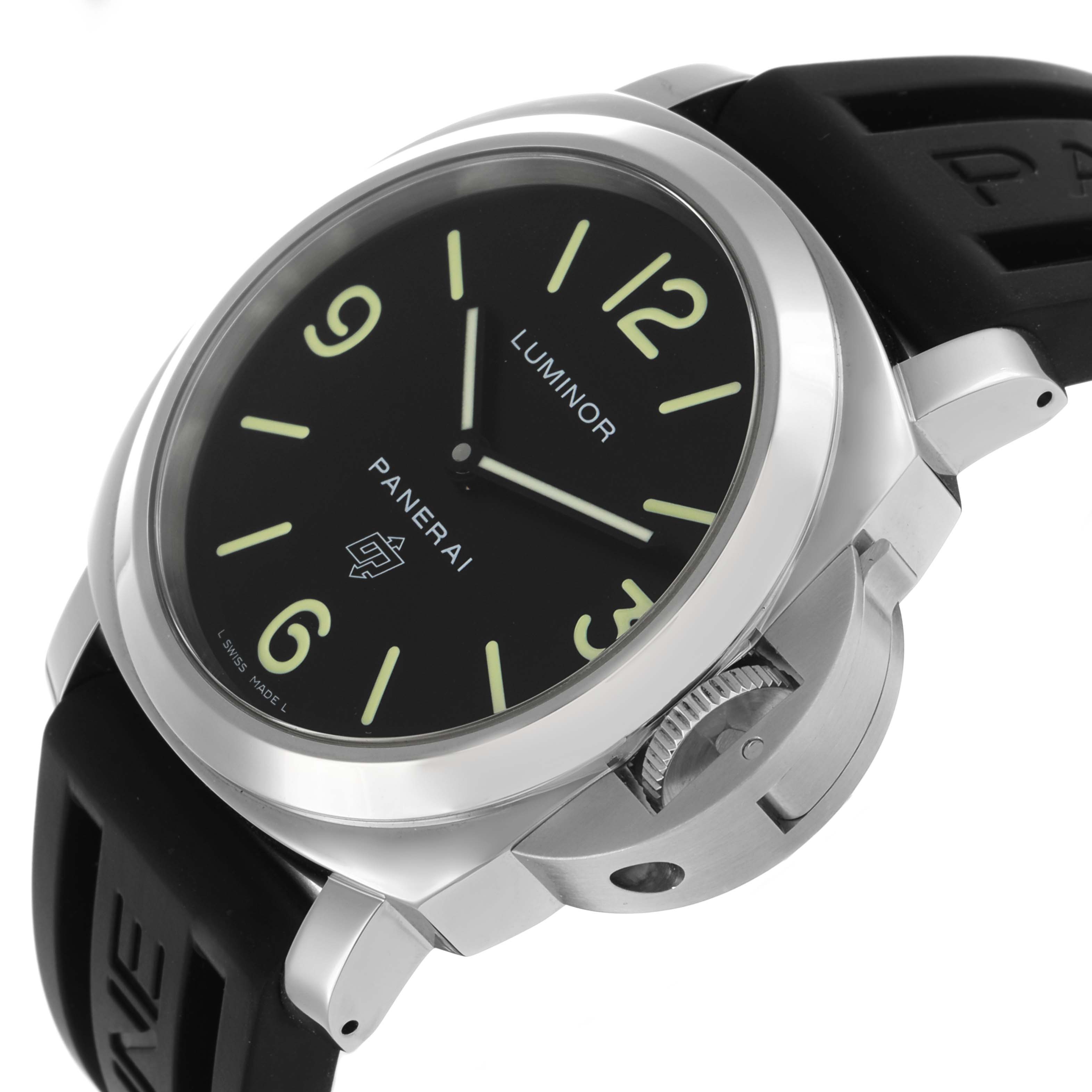 The Panerai Luminor PAM01000 Men's Stainless Steel Black Dial watch is shown at an angle highlighting the face, bezel, crown guard, and a portion of the strap.