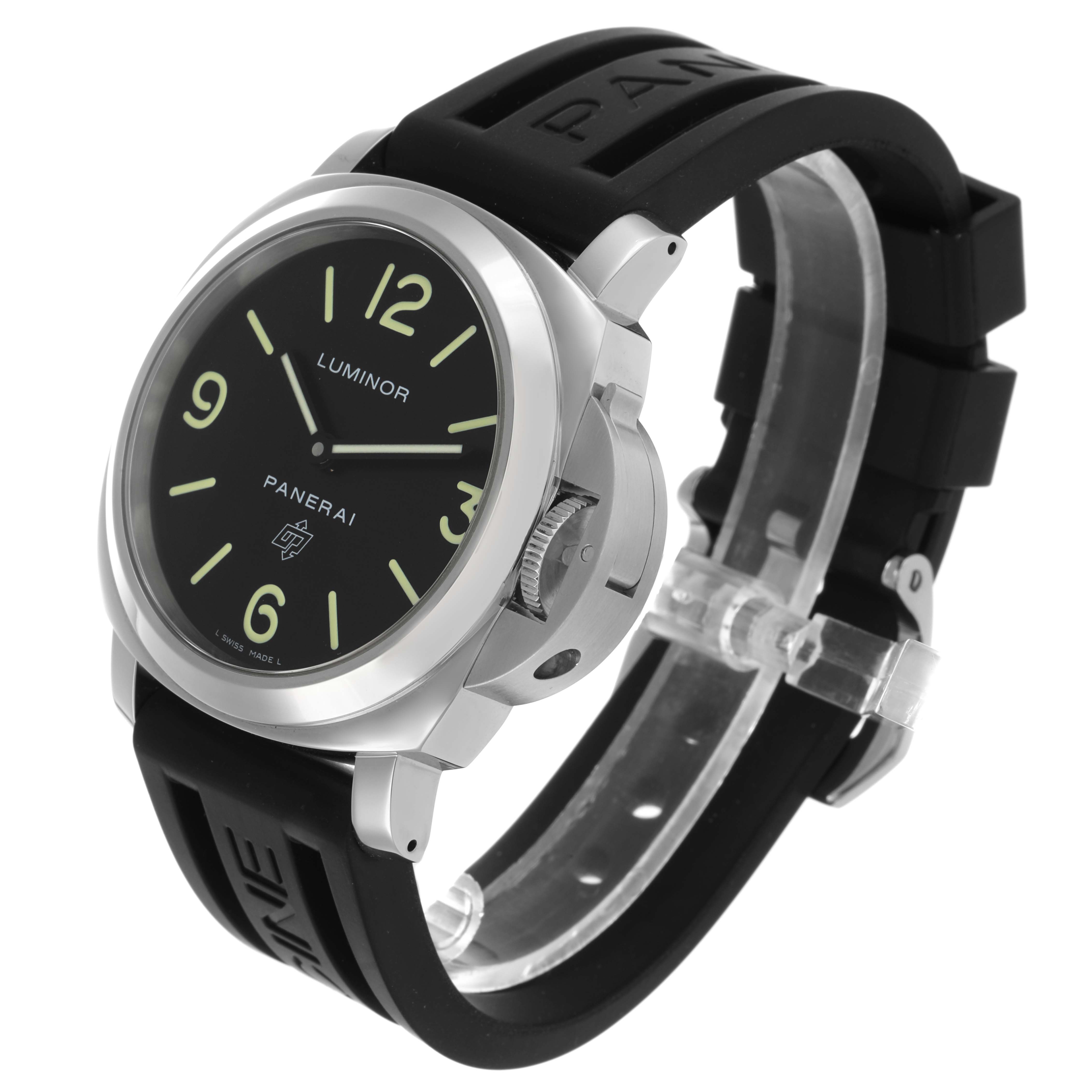 The Panerai Luminor PAM01000 Men's Stainless Steel Black Dial watch is shown at a three-quarter angle, displaying the face, crown, and rubber strap.