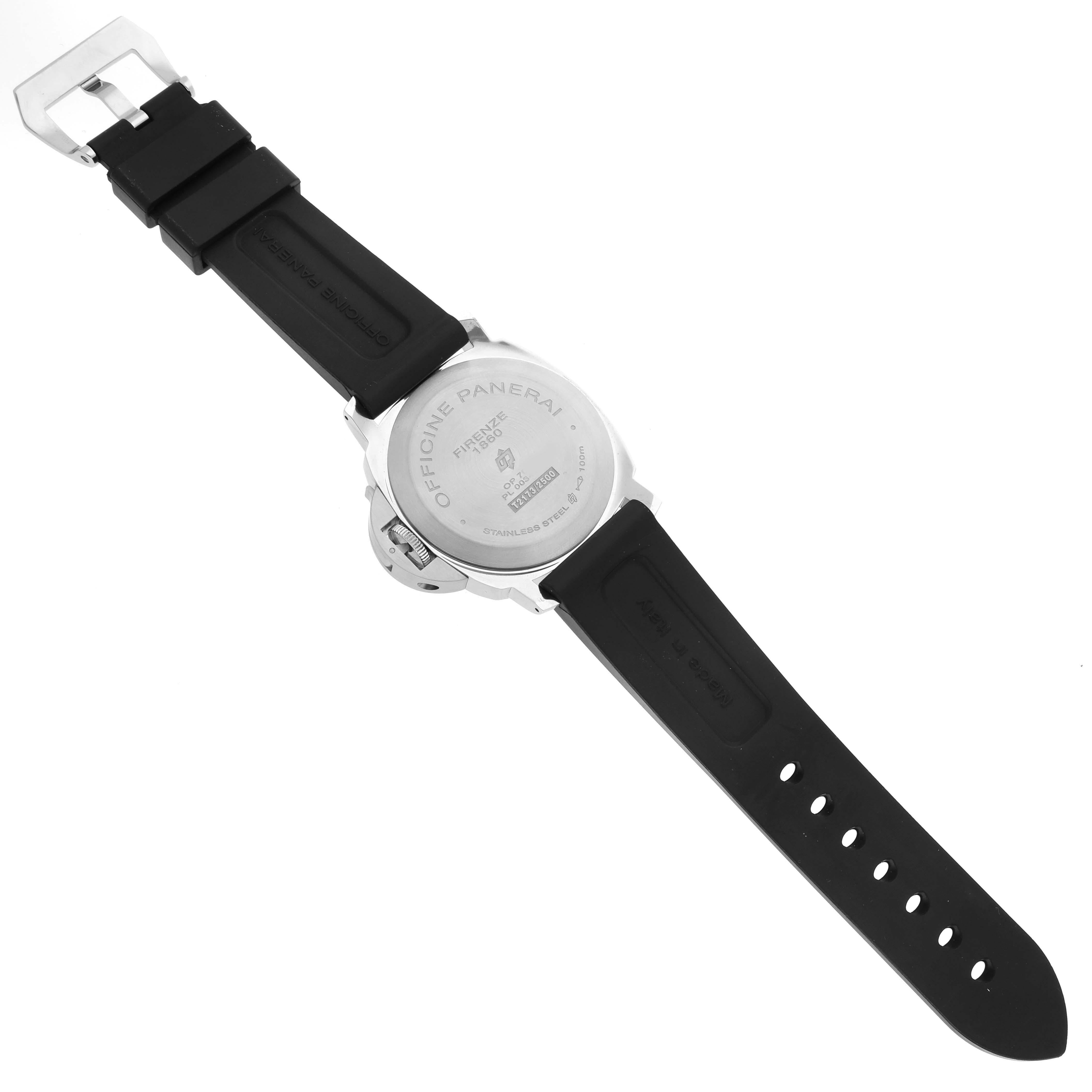 The image shows the back of a Panerai Luminor PAM01000 Men's Stainless Steel Black Dial watch with a side view of the strap and buckle.