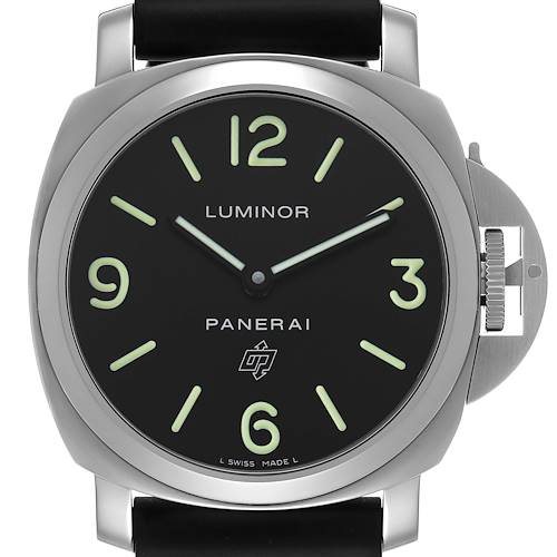 The Panerai Luminor PAM01000 Men's Stainless Steel Black Dial watch is shown from the front, highlighting the dial, numerals, hands, and crown guard.