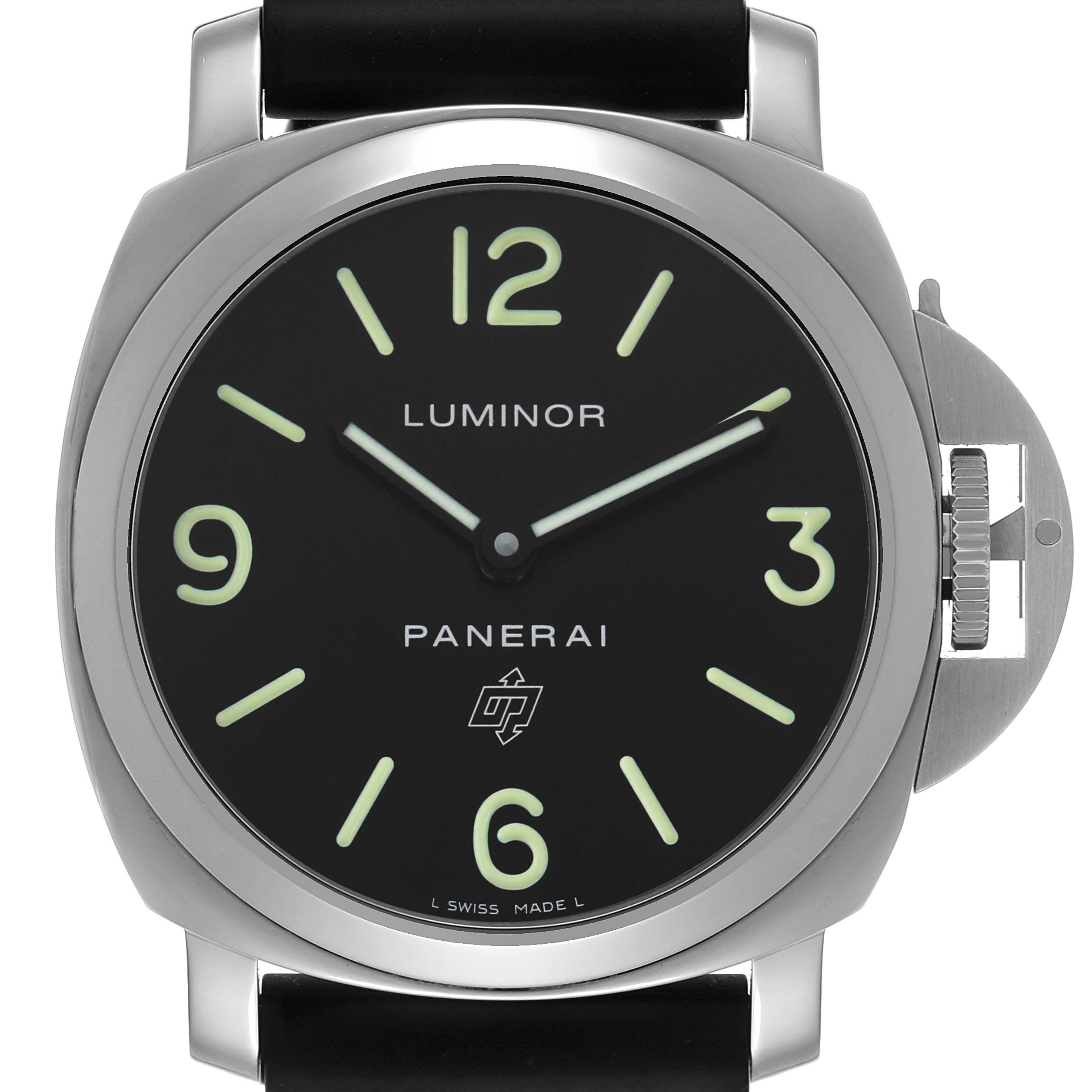 The image shows a front view of a Panerai Luminor PAM01000 Men's Stainless Steel Black Dial watch, highlighting its dial, case, and crown guard.