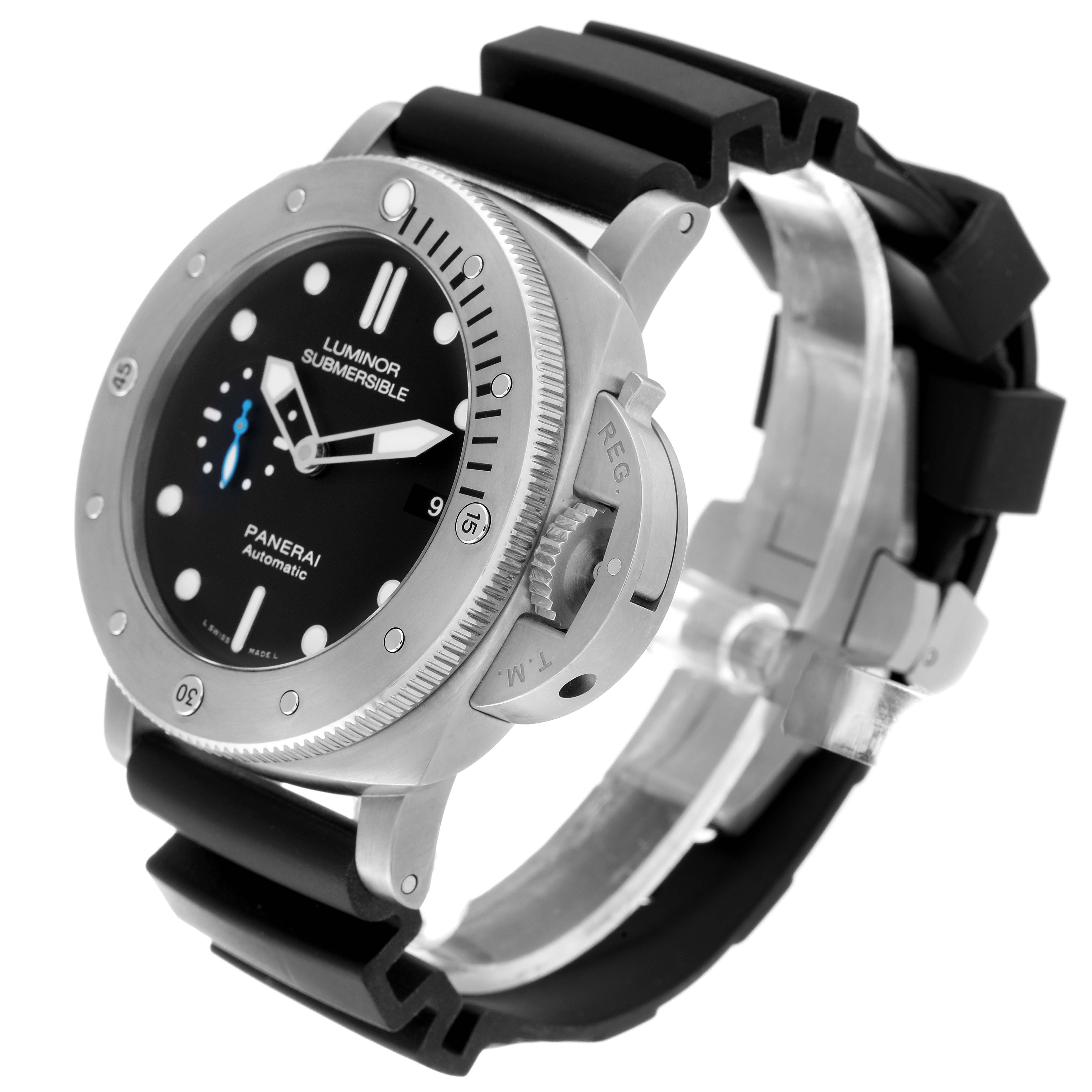 The image shows a side angle of the Panerai Luminor Submersible watch, highlighting its case, bezel, dial, and rubber strap.