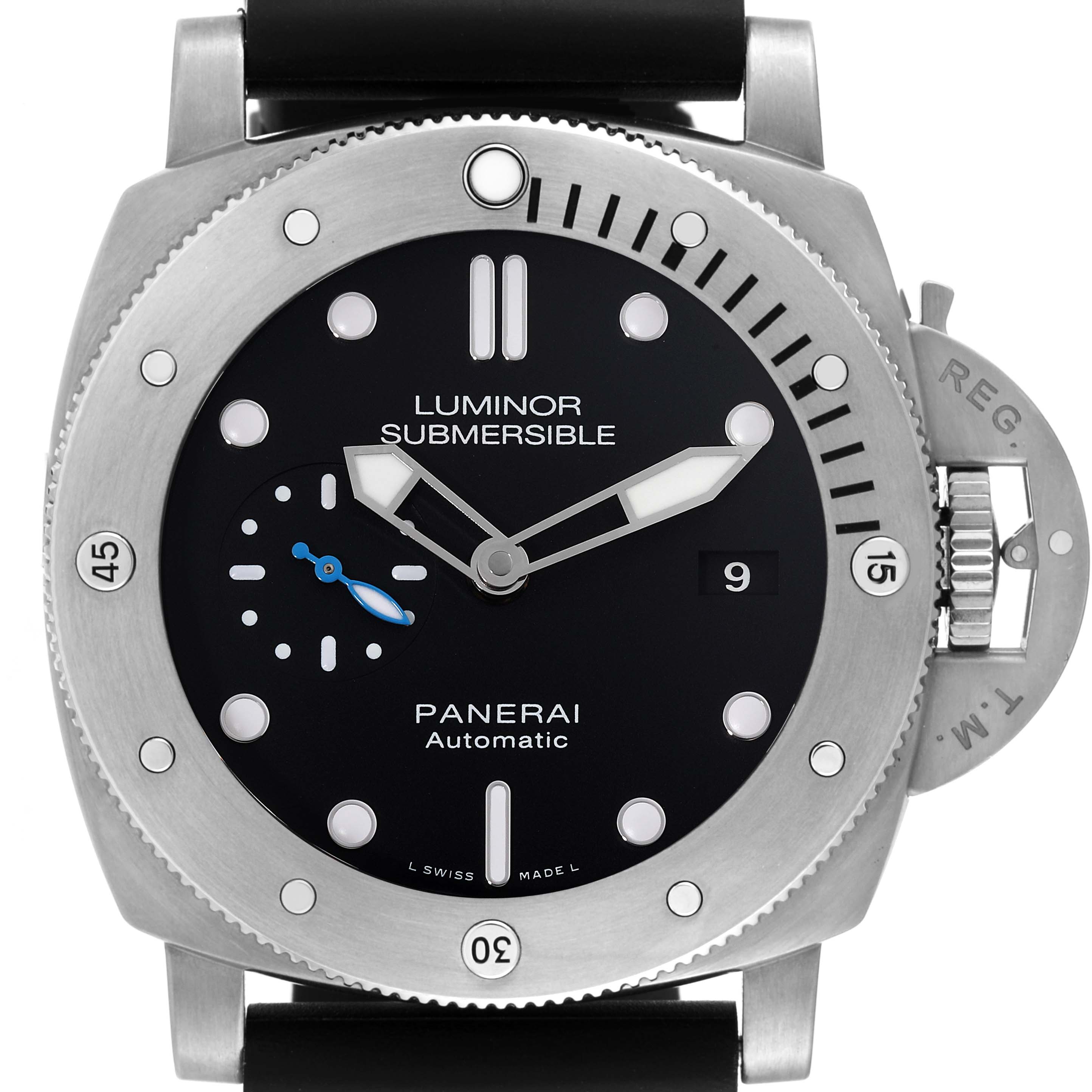 The image shows a front view of the Panerai Submersible PAM01305 Men's Titanium Black Dial PAM01305 Men's Titanium Black Dial Luminor watch, highlighting the dial, bezel, and crown guard.