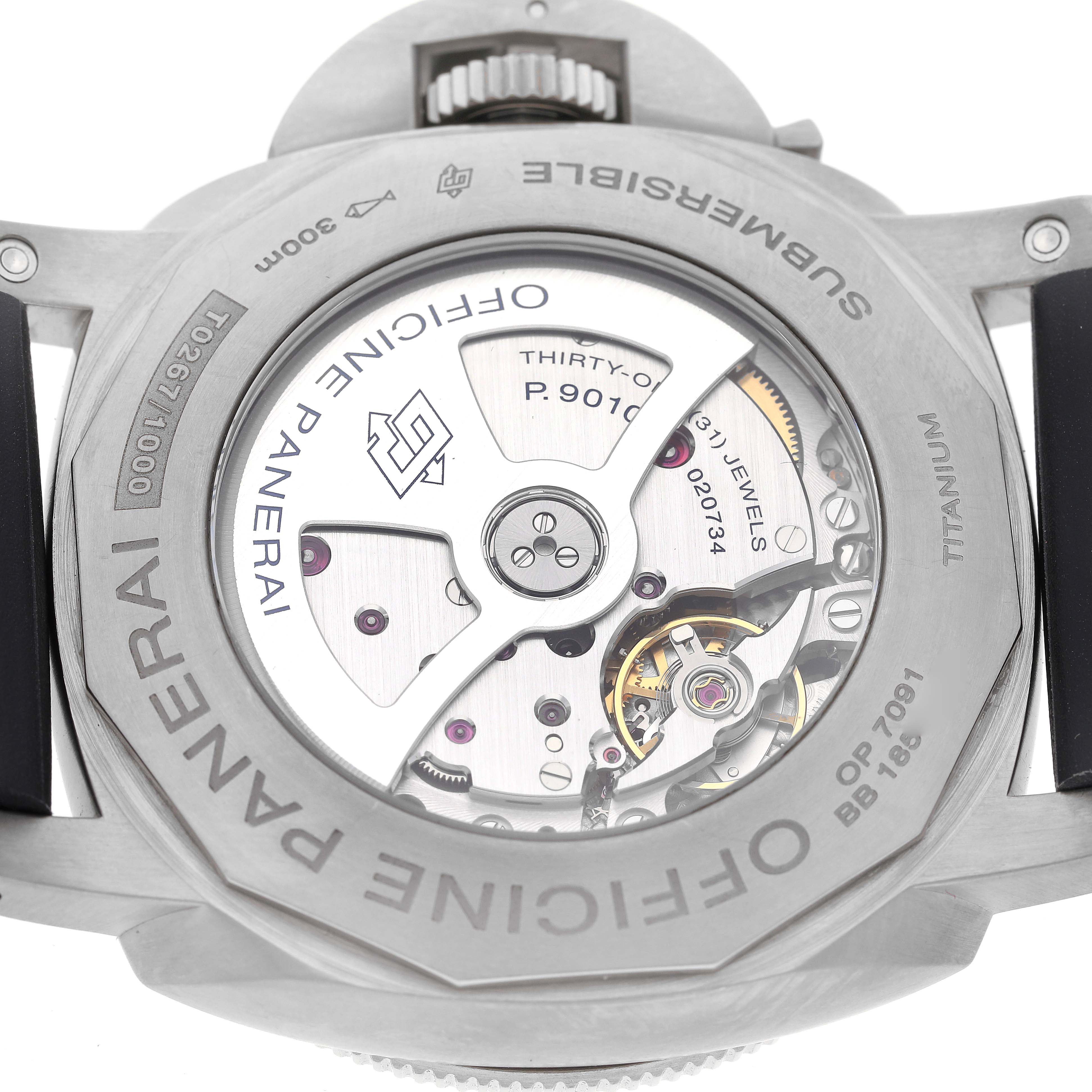 The image shows the back view of a Panerai Submersible PAM01305 Men's Titanium Black Dial PAM01305 Men's Titanium Black Dial watch, highlighting the internal mechanical movements and details.