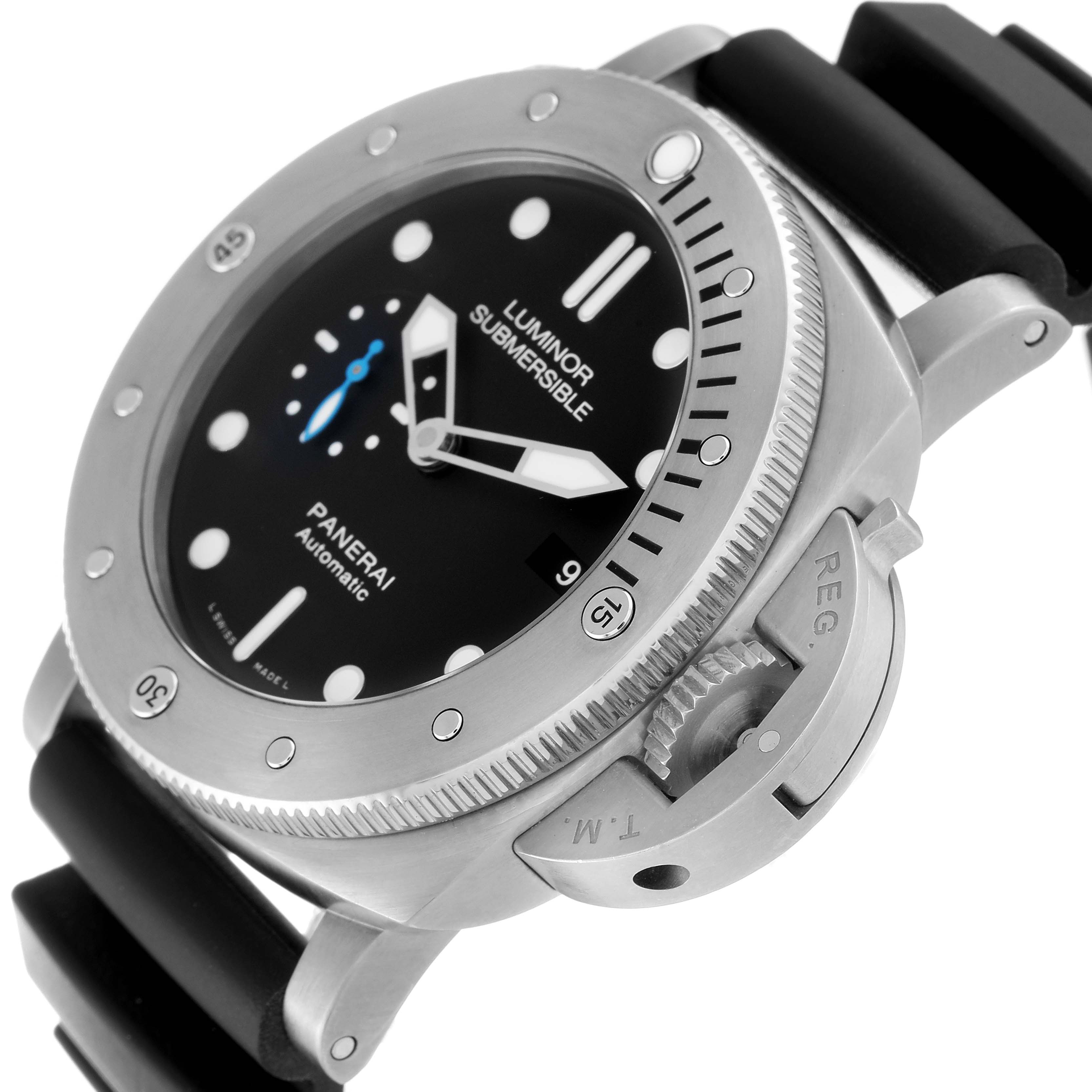 The image shows a close-up side view of a Panerai Luminor Submersible watch, highlighting its bezel, crown guard, and part of the strap.