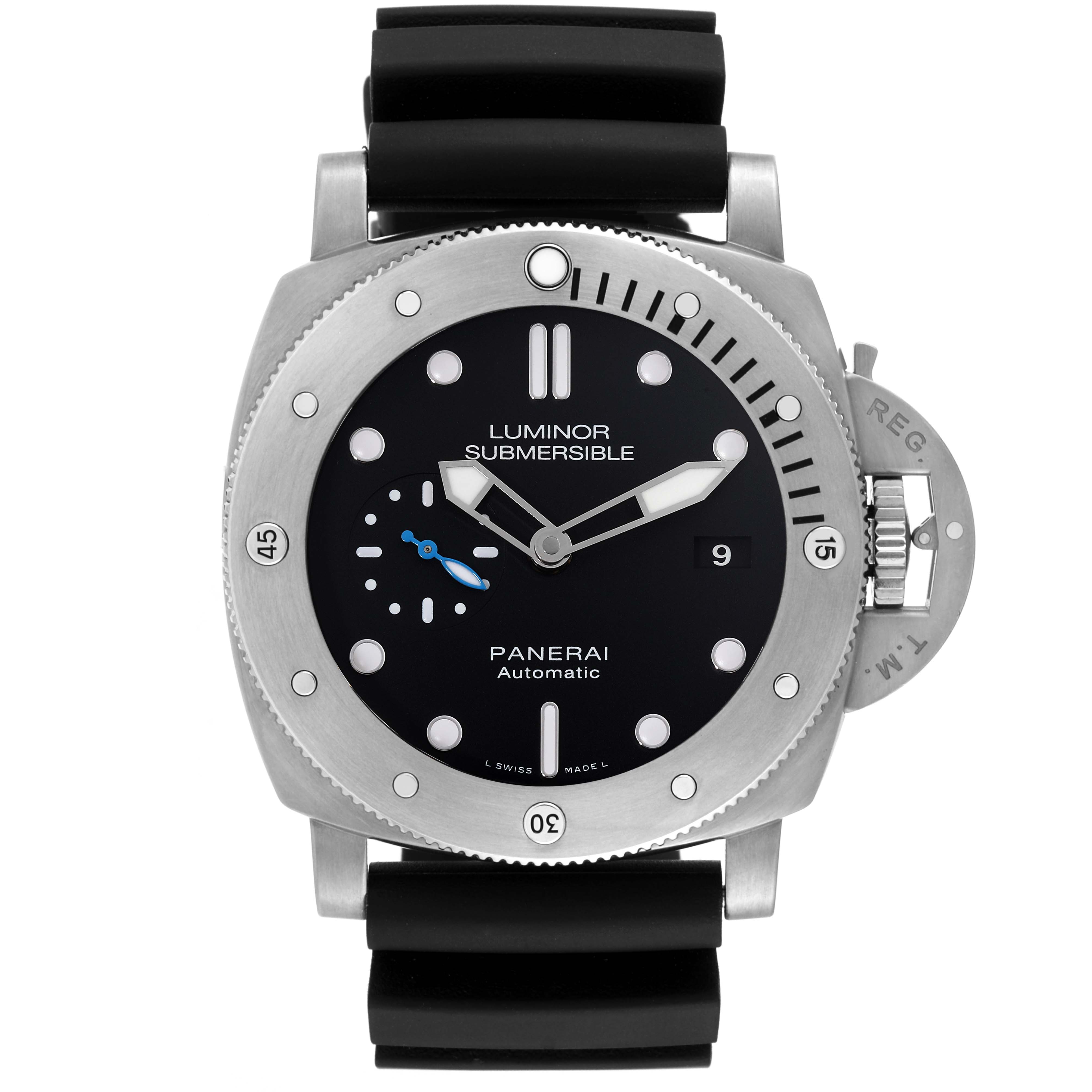 This image shows a front view of the Panerai Submersible PAM01305 Men's Titanium Black Dial PAM01305 Men's Titanium Black Dial watch, displaying the dial, bezel, strap, and crown guard.