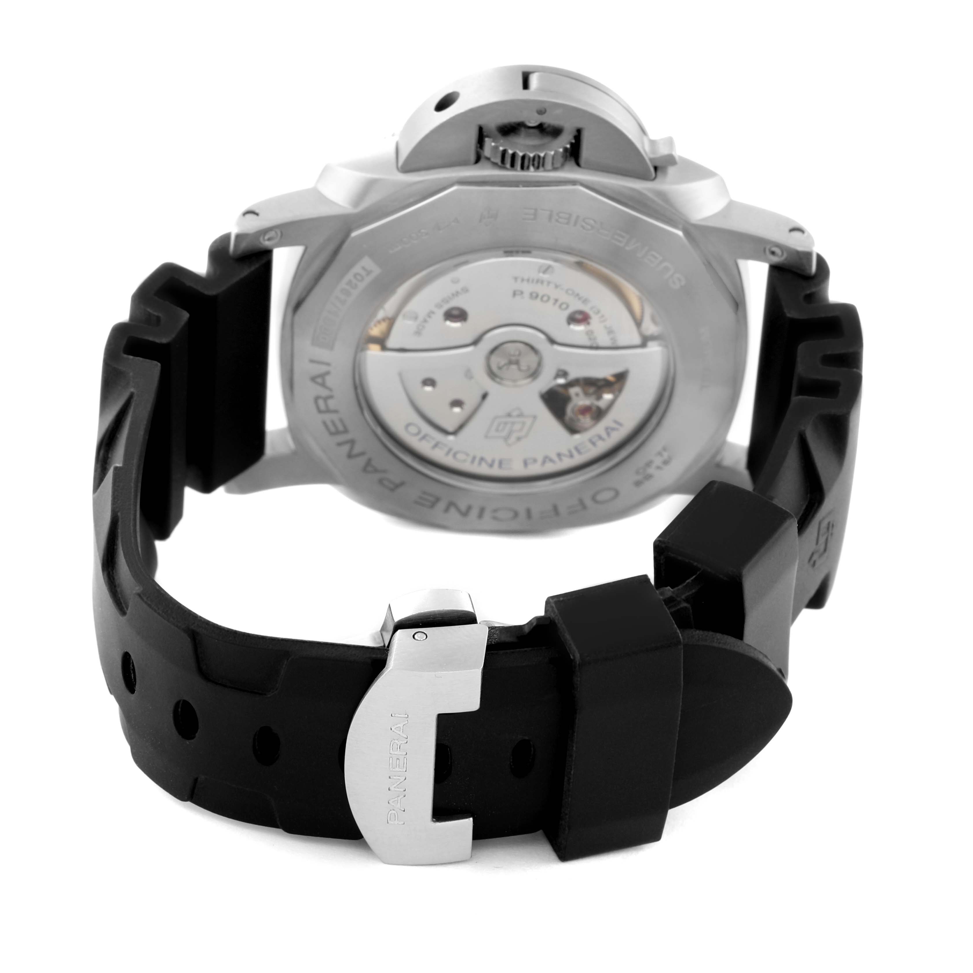 The image shows the back view of the Panerai Submersible PAM01305 Men's Titanium Black Dial PAM01305 Men's Titanium Black Dial watch, highlighting its case back, movement, and rubber strap with a branded buckle.