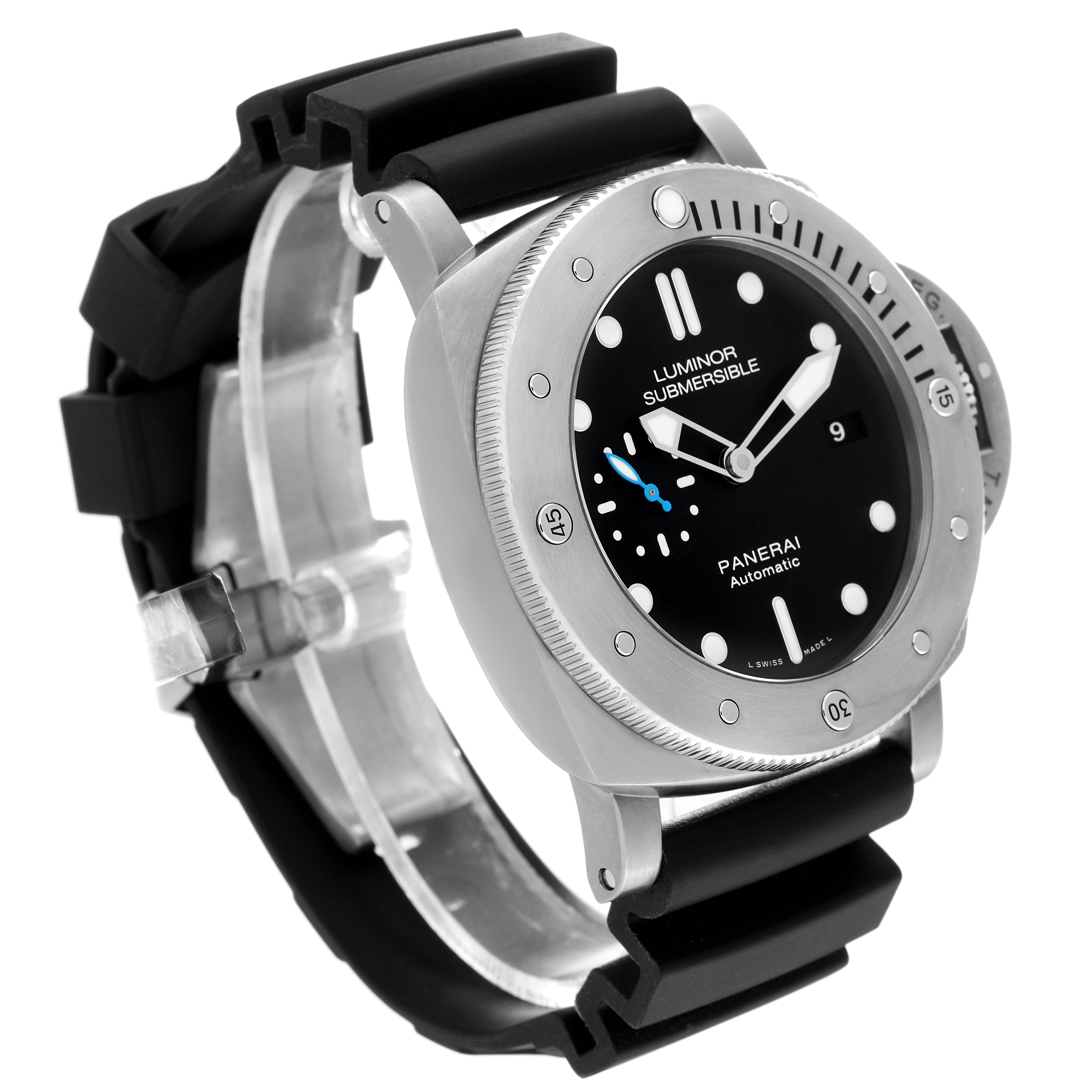 The Panerai Submersible PAM01305 Men's Titanium Black Dial PAM01305 Men's Titanium Black Dial watch is shown at an angled view highlighting the bezel, dial, and rubber strap.