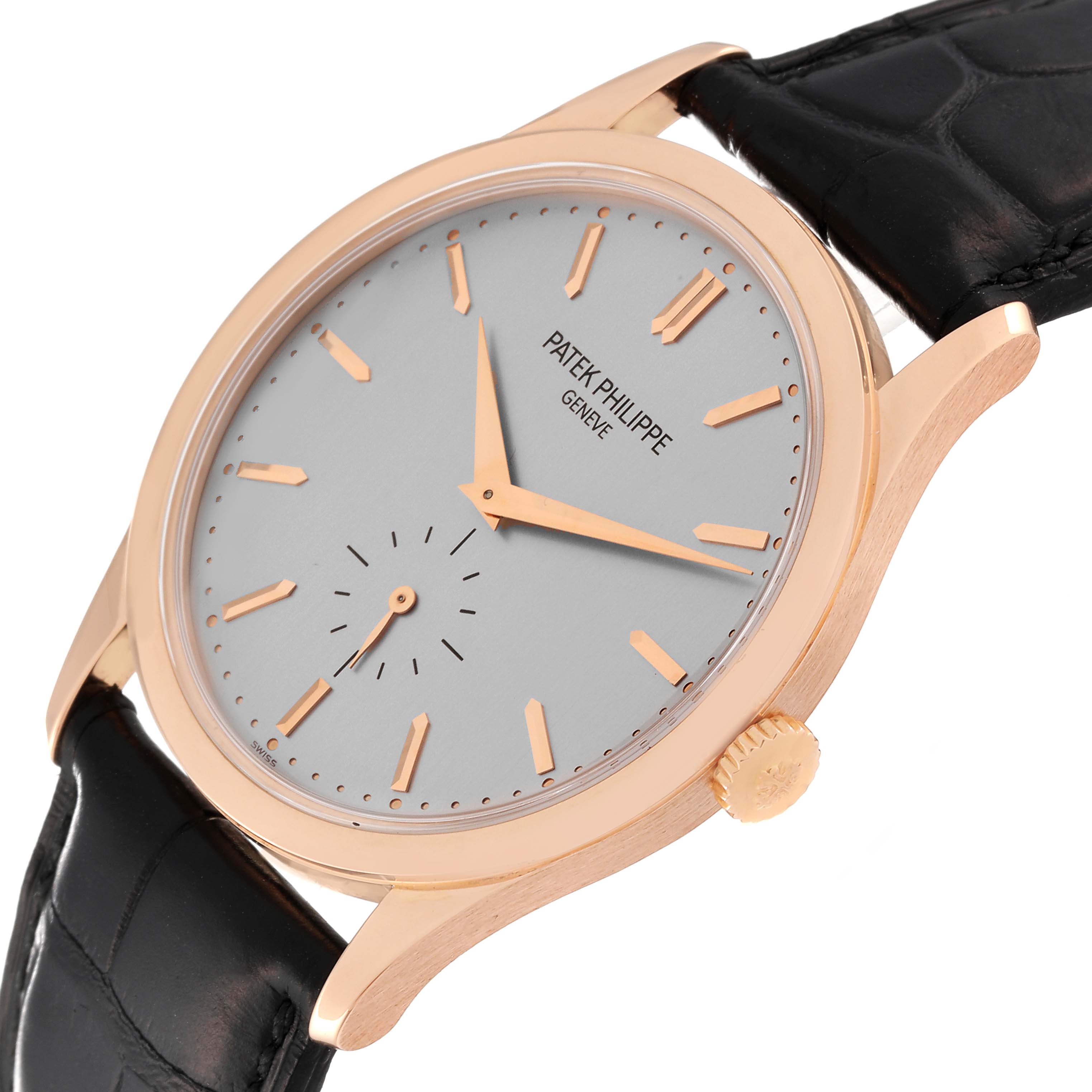 The image shows a Patek Philippe Calatrava 5196R Men
s Rose Gold Silver Dial 5196R Men
s Rose Gold Silver Dial watch at a slight angled view, highlighting its face, hands, crown, and band.