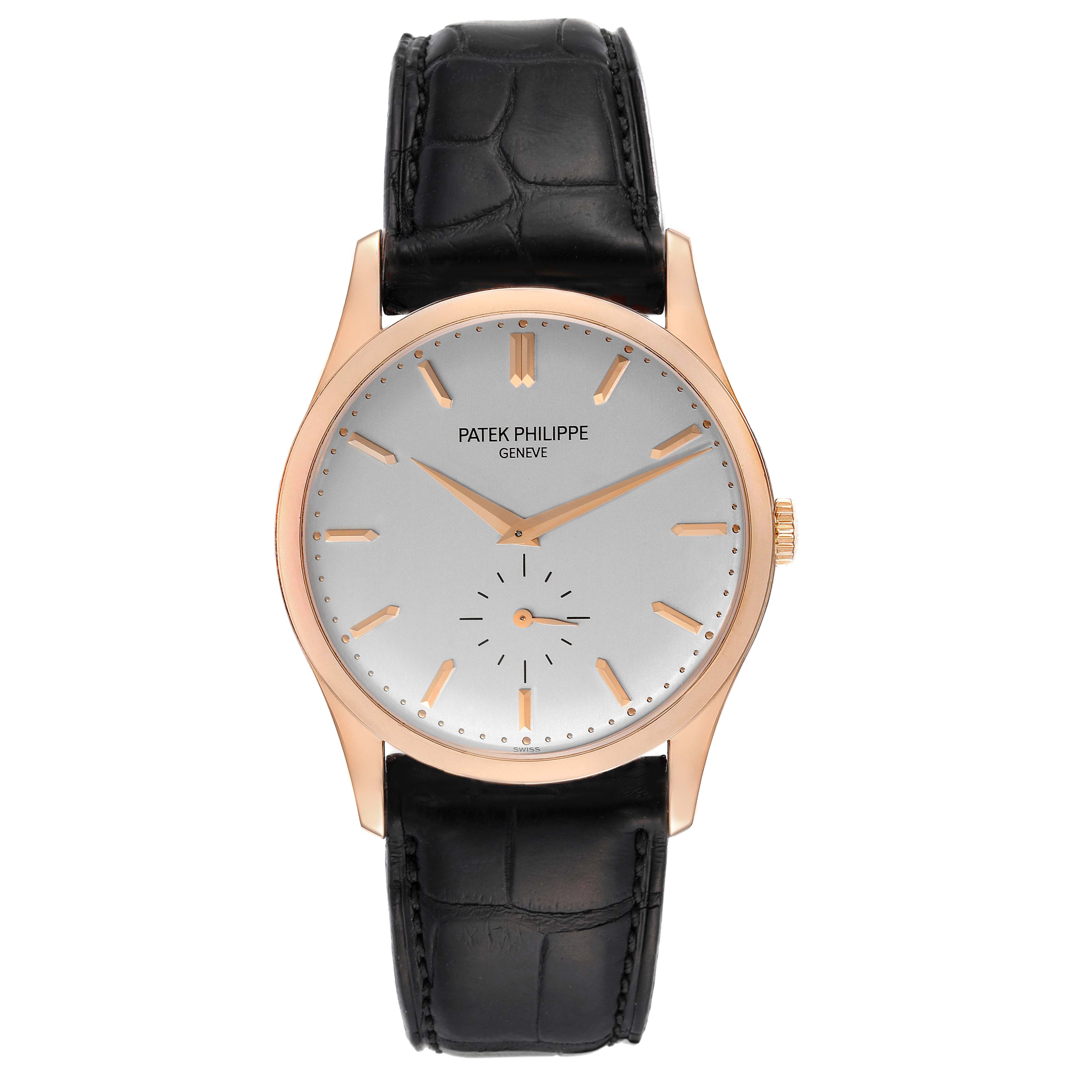 The image shows a front view of a Patek Philippe Calatrava 5196R Men
s Rose Gold Silver Dial 5196R Men
s Rose Gold Silver Dial watch, featuring its face, case, and black leather strap.