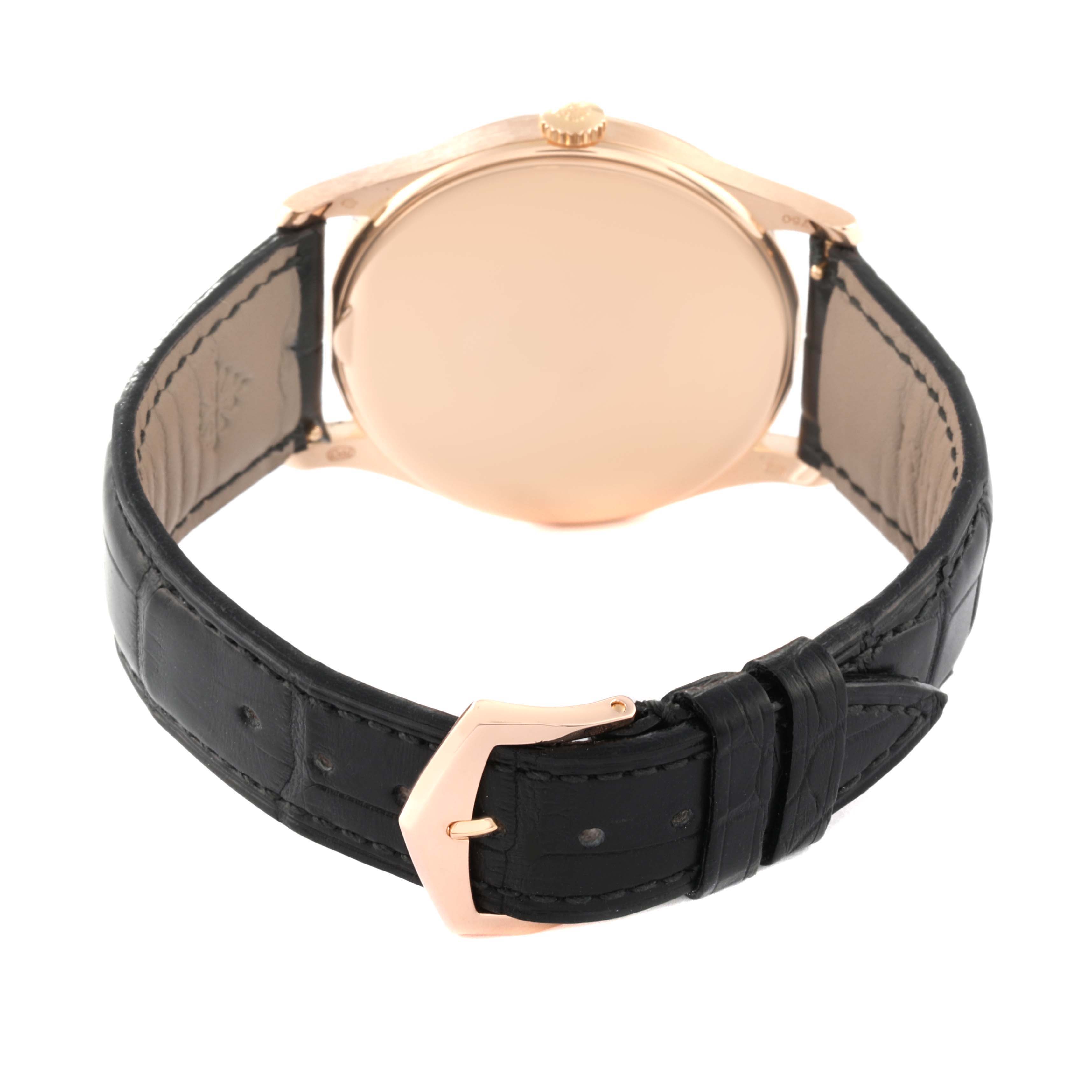 This image shows the back view of the Patek Philippe Calatrava 5196R Men
s Rose Gold Silver Dial 5196R Men
s Rose Gold Silver Dial watch, including the case back, strap, and buckle.