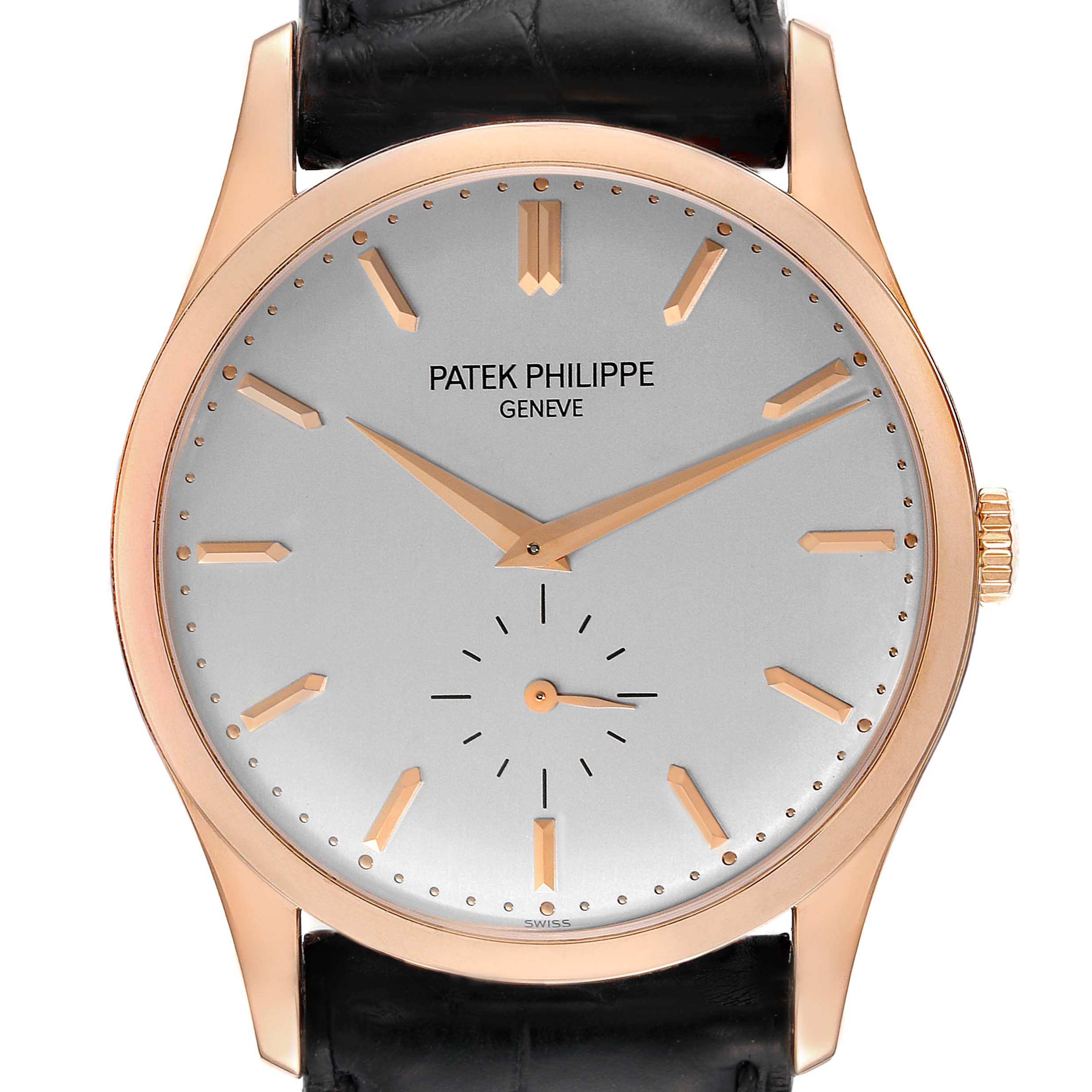 The image shows a frontal view of a Patek Philippe Calatrava 5196R Men
s Rose Gold Silver Dial 5196R Men
s Rose Gold Silver Dial watch, highlighting the dial, hands, markers, and crown.