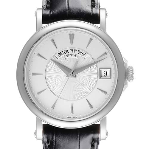 The image shows a front view of a Patek Philippe Calatrava watch, featuring its dial and crown.