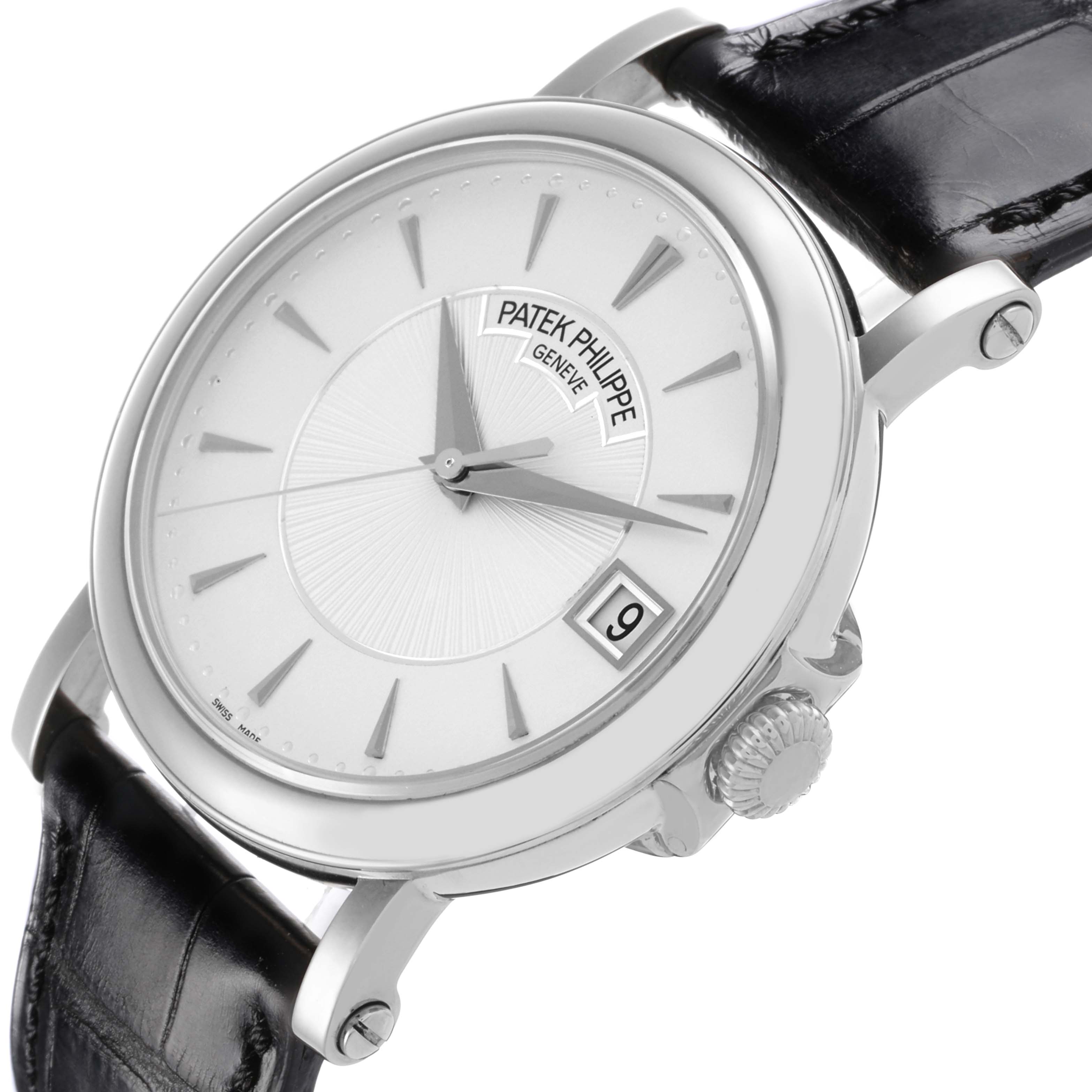 The Patek Philippe Calatrava 5153G-010 Men
s White Gold Silver Dial 5153G-010 Men
s White Gold Silver Dial watch is shown at a slight side angle, highlighting the dial, crown, and leather strap.