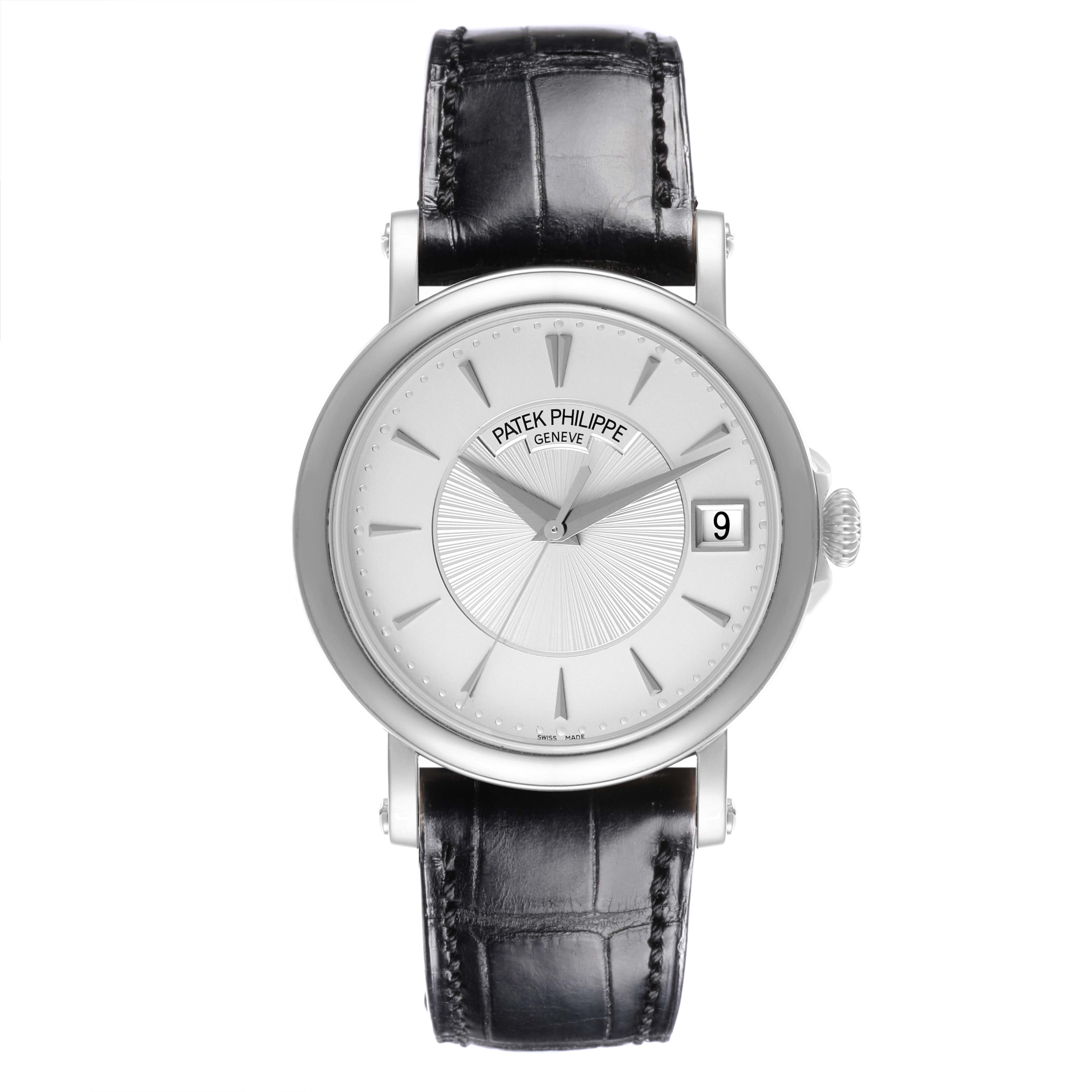 The image shows a full frontal view of the Patek Philippe Calatrava 5153G-010 Men
s White Gold Silver Dial 5153G-010 Men
s White Gold Silver Dial watch, featuring its dial, bezel, and leather strap.