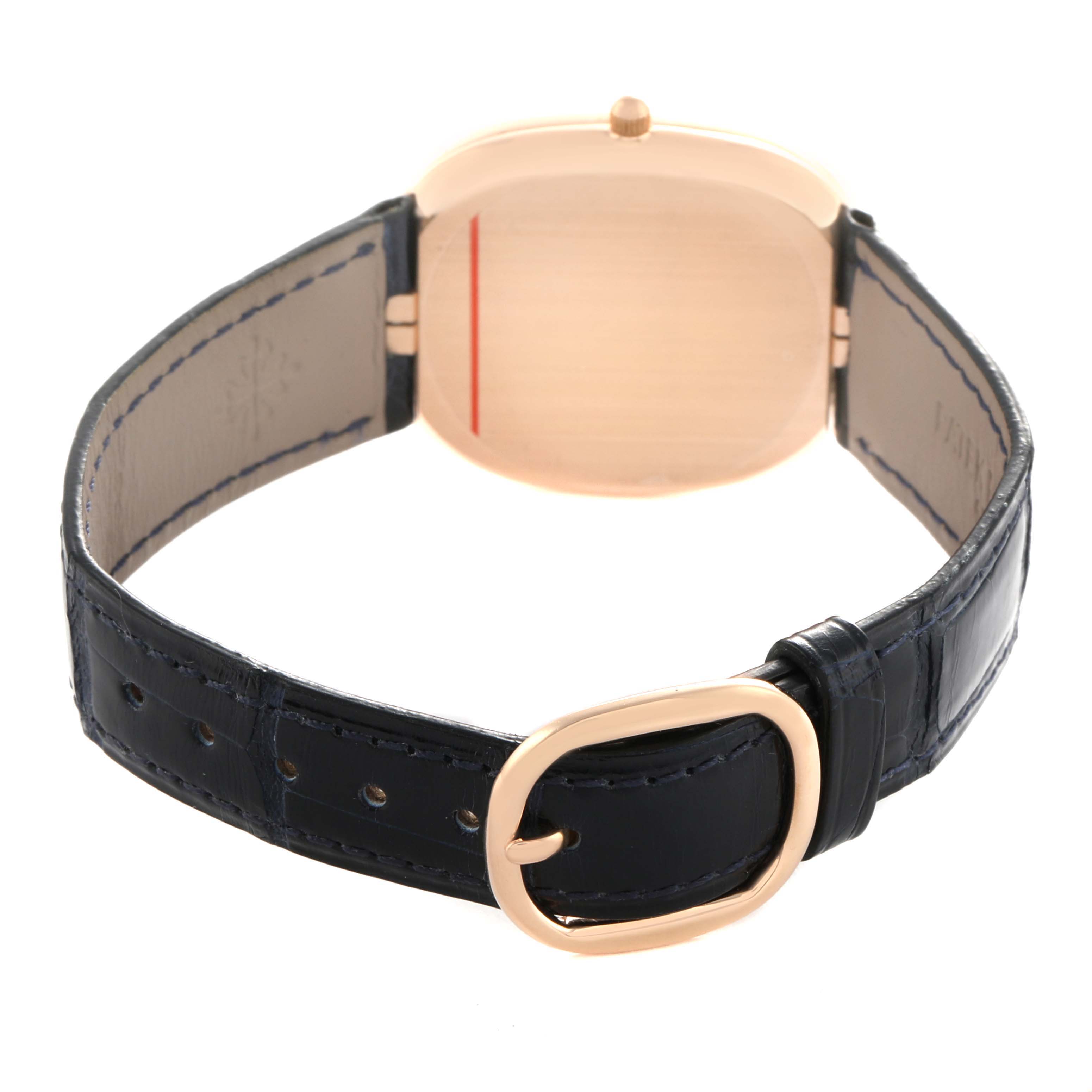 The image shows a Patek Philippe Golden Ellipse 3738 Men's Rose Gold Brown Dial watch from the back, highlighting the case, strap, buckle, and crown.