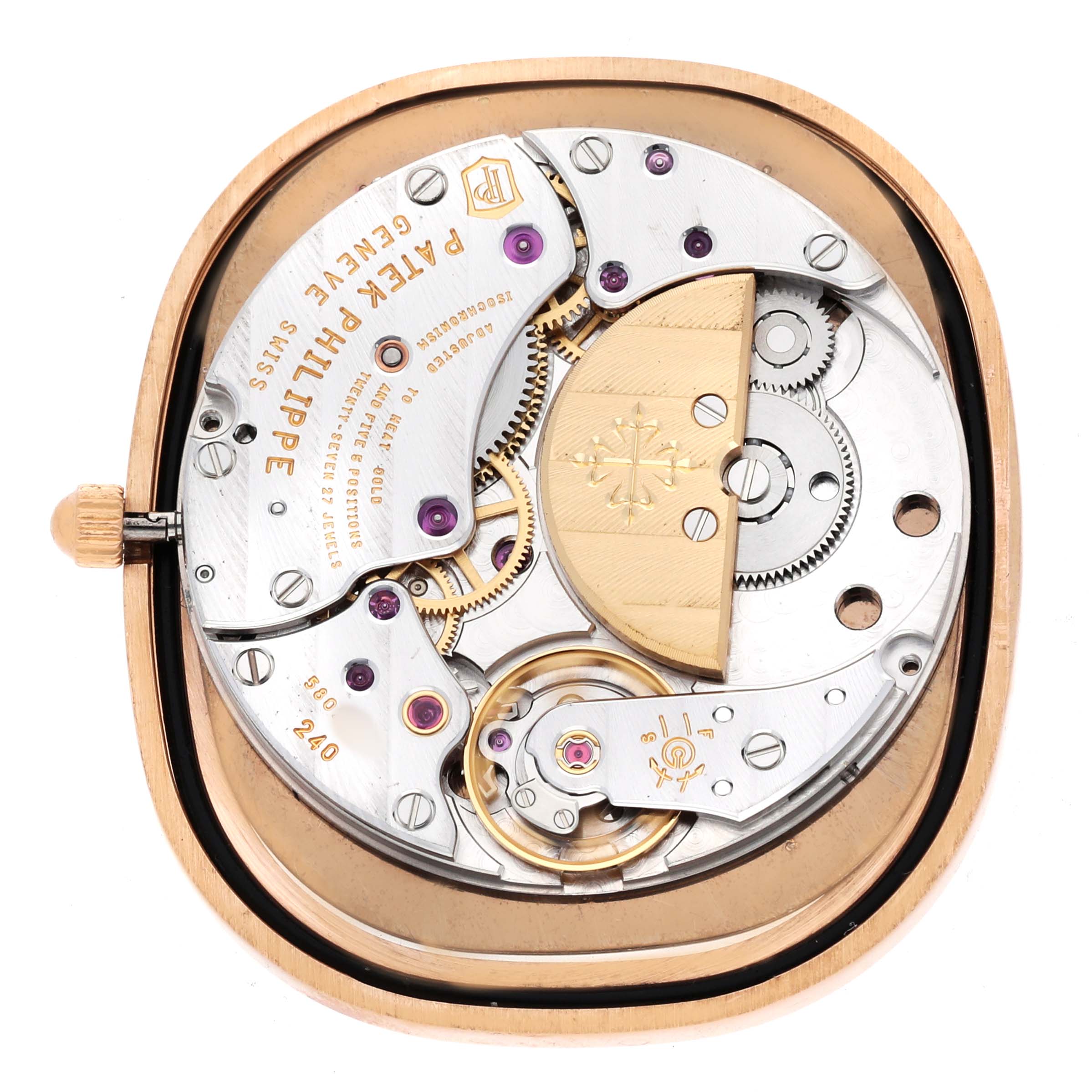 The image shows the back view of the Patek Philippe Golden Ellipse 3738 Men's Rose Gold Brown Dial, featuring its internal movement and mechanisms.