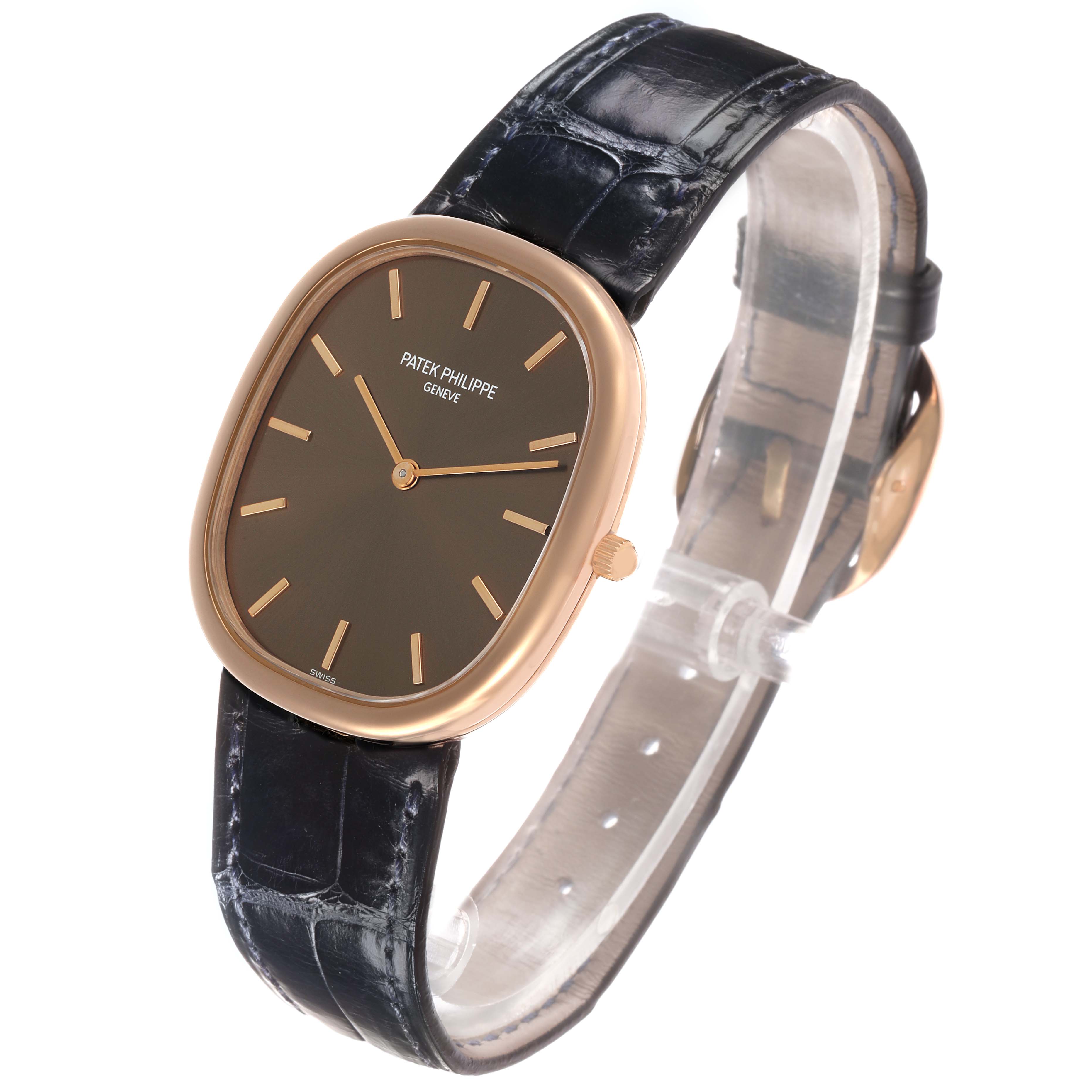 The Patek Philippe Golden Ellipse 3738 Men's Rose Gold Brown Dial watch is shown at a slight angle, highlighting the face, case, crown, and strap.