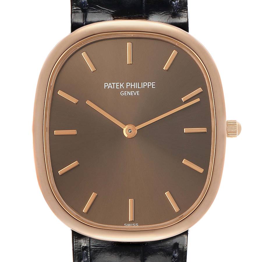 The Patek Philippe Golden Ellipse 3738 Men's Rose Gold Brown Dial watch is shown from the front, highlighting the dial, hands, and crown.