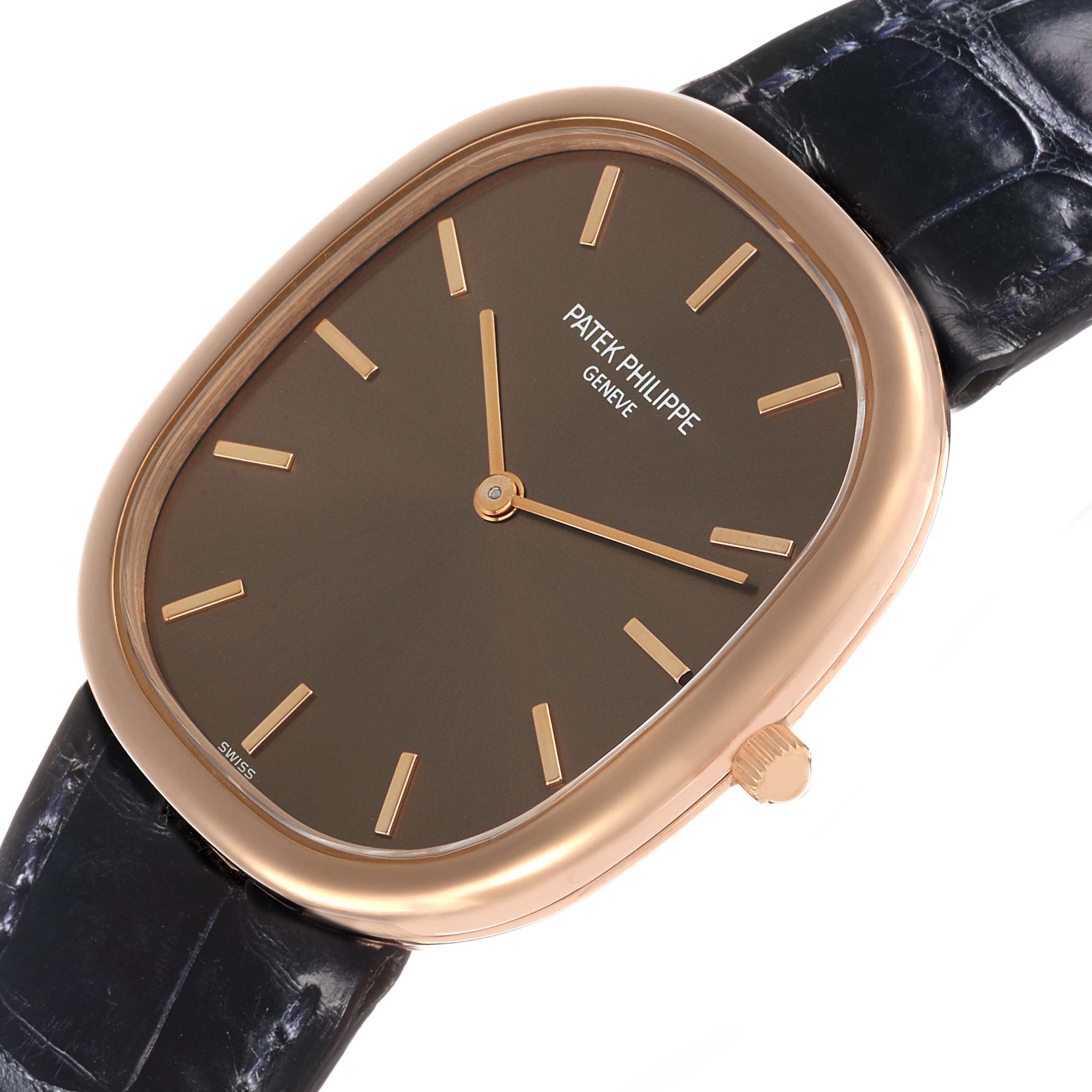 The image shows a Patek Philippe Golden Ellipse 3738 Men's Rose Gold Brown Dial watch at a slight angle, highlighting its case, dial, and crown.