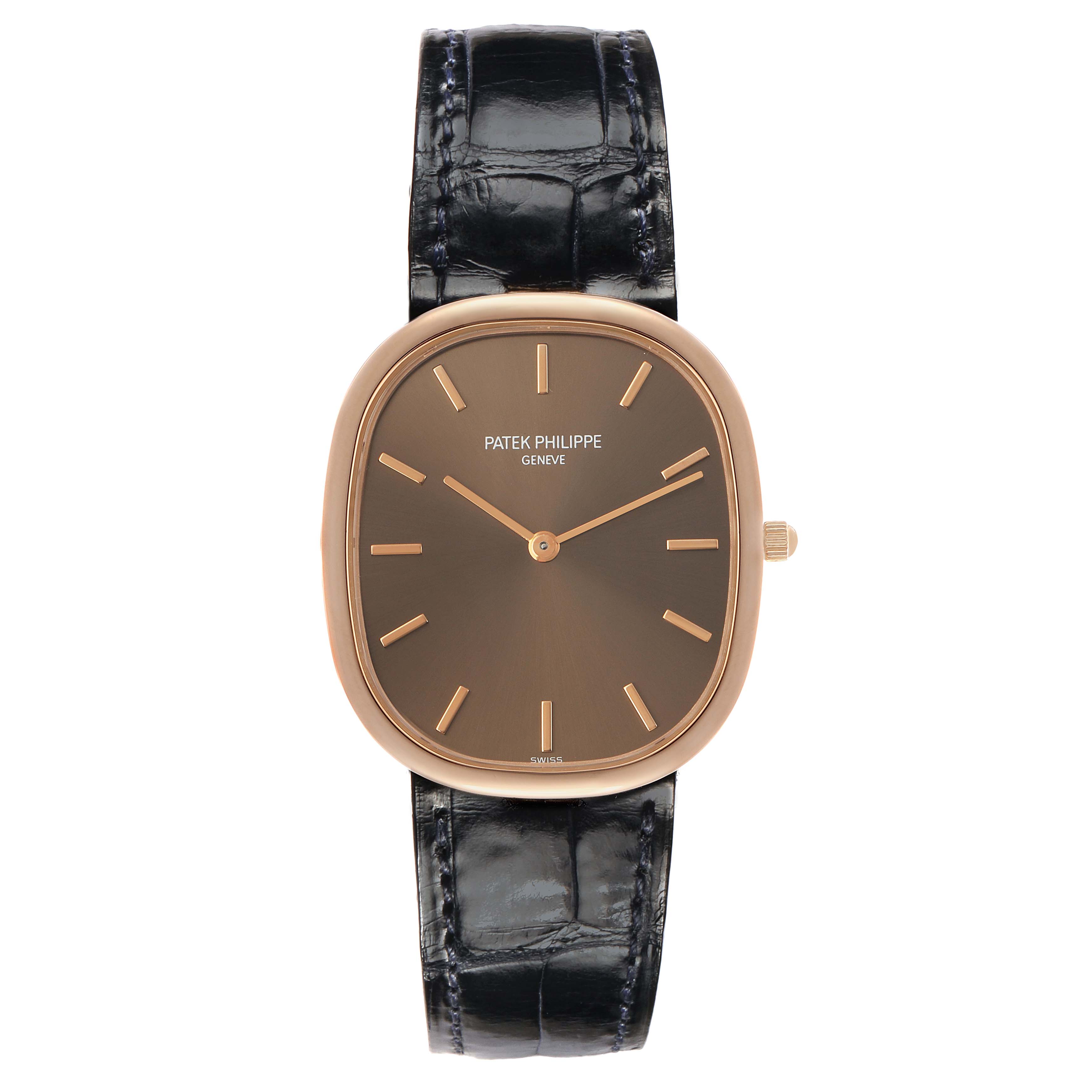 The Patek Philippe Golden Ellipse 3738 Men's Rose Gold Brown Dial watch is shown from the front, displaying its elliptical face, gold markers, and black strap.