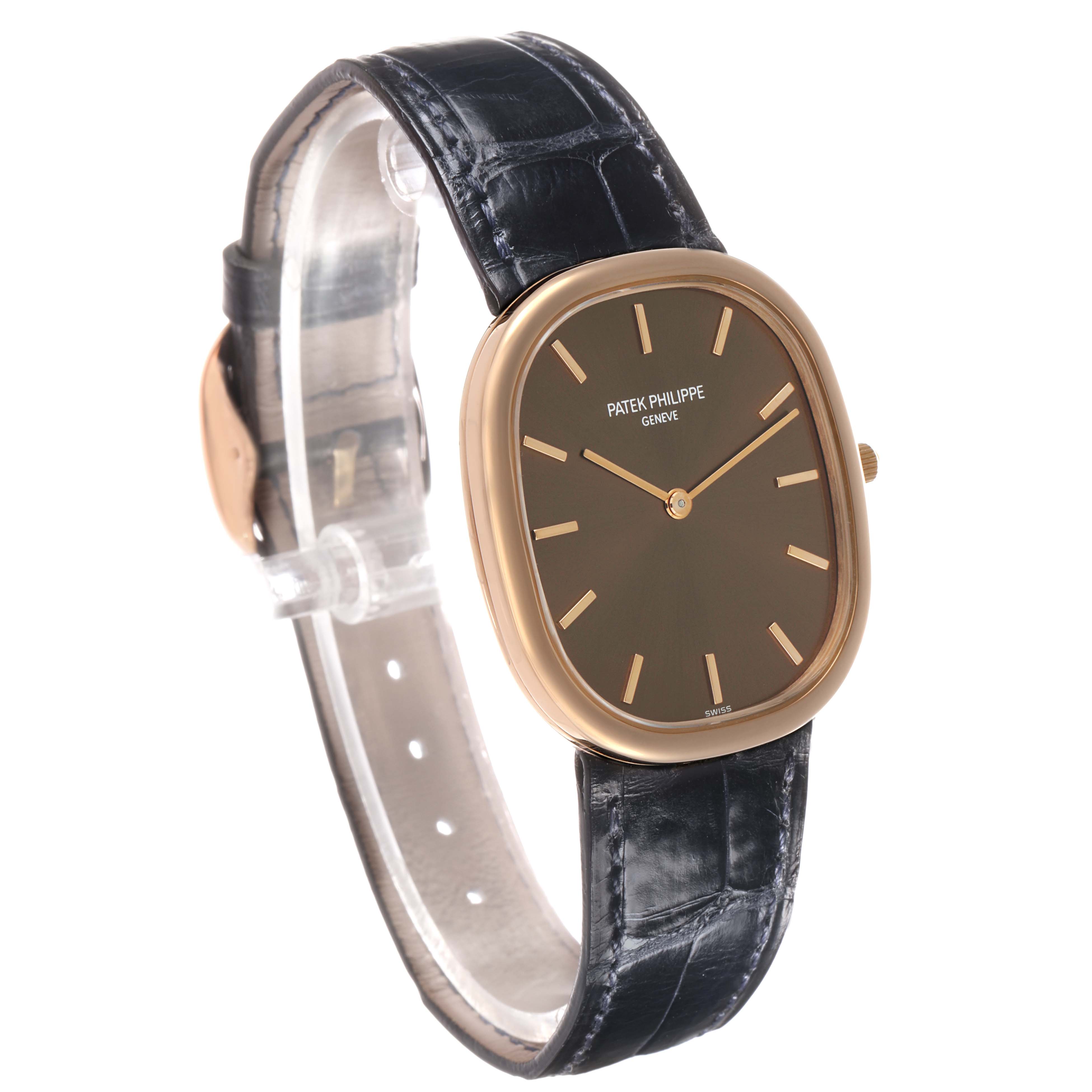 The Patek Philippe Golden Ellipse 3738 Men's Rose Gold Brown Dial watch is shown at a three-quarter angle, highlighting the face, gold rim, and dark leather strap.