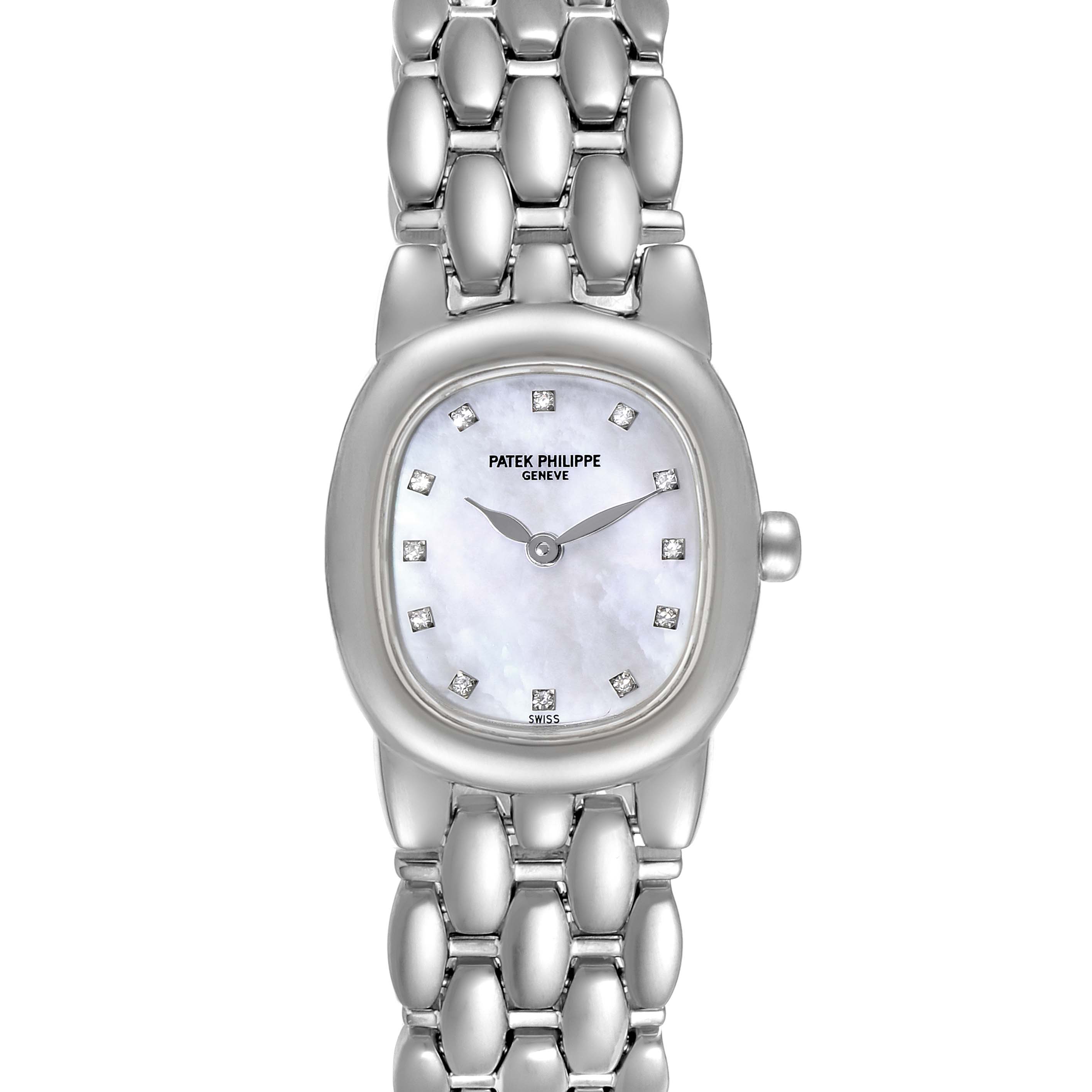 The image shows a front-facing view of the Patek Philippe Golden Ellipse 4830 Women's White Gold Mother of Pearl Dial 4830 Women's White Gold Mother of Pearl Dial watch, displaying its face and bracelet.