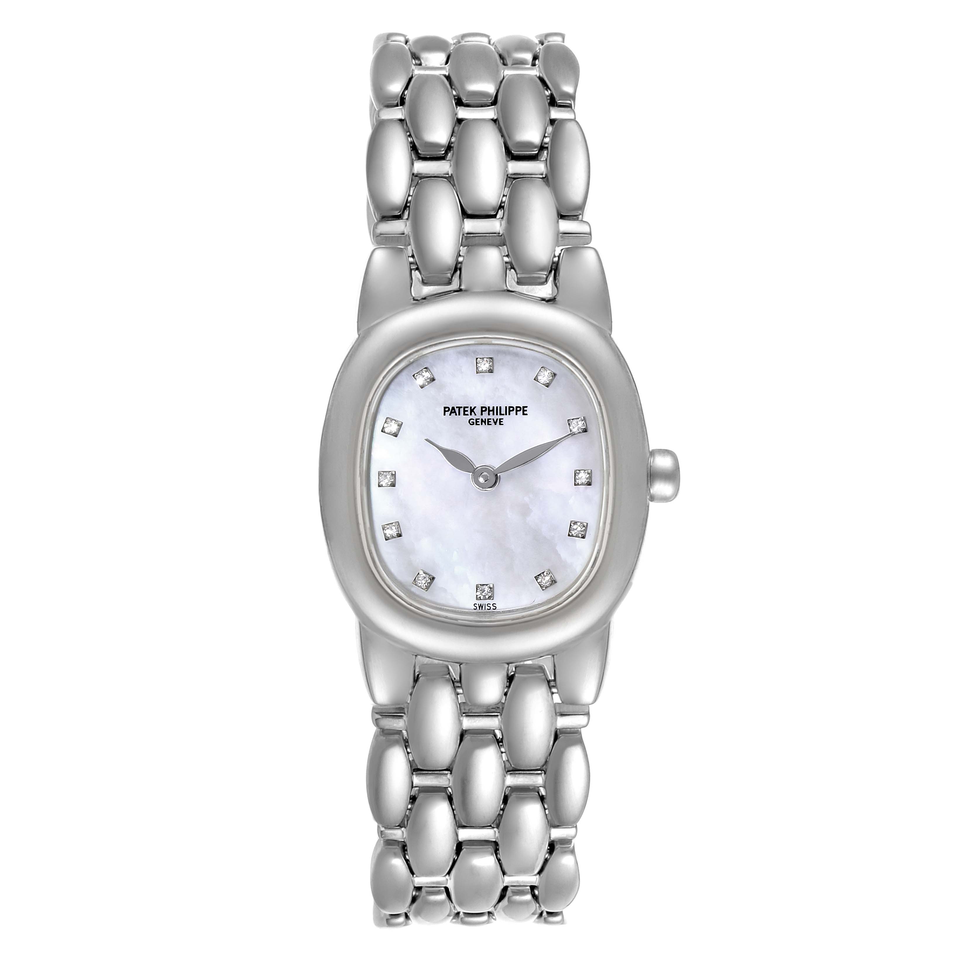 A frontal view of the Patek Philippe Golden Ellipse 4830 Women's White Gold Mother of Pearl Dial 4830 Women's White Gold Mother of Pearl Dial watch shows the face, hands, and bracelet.