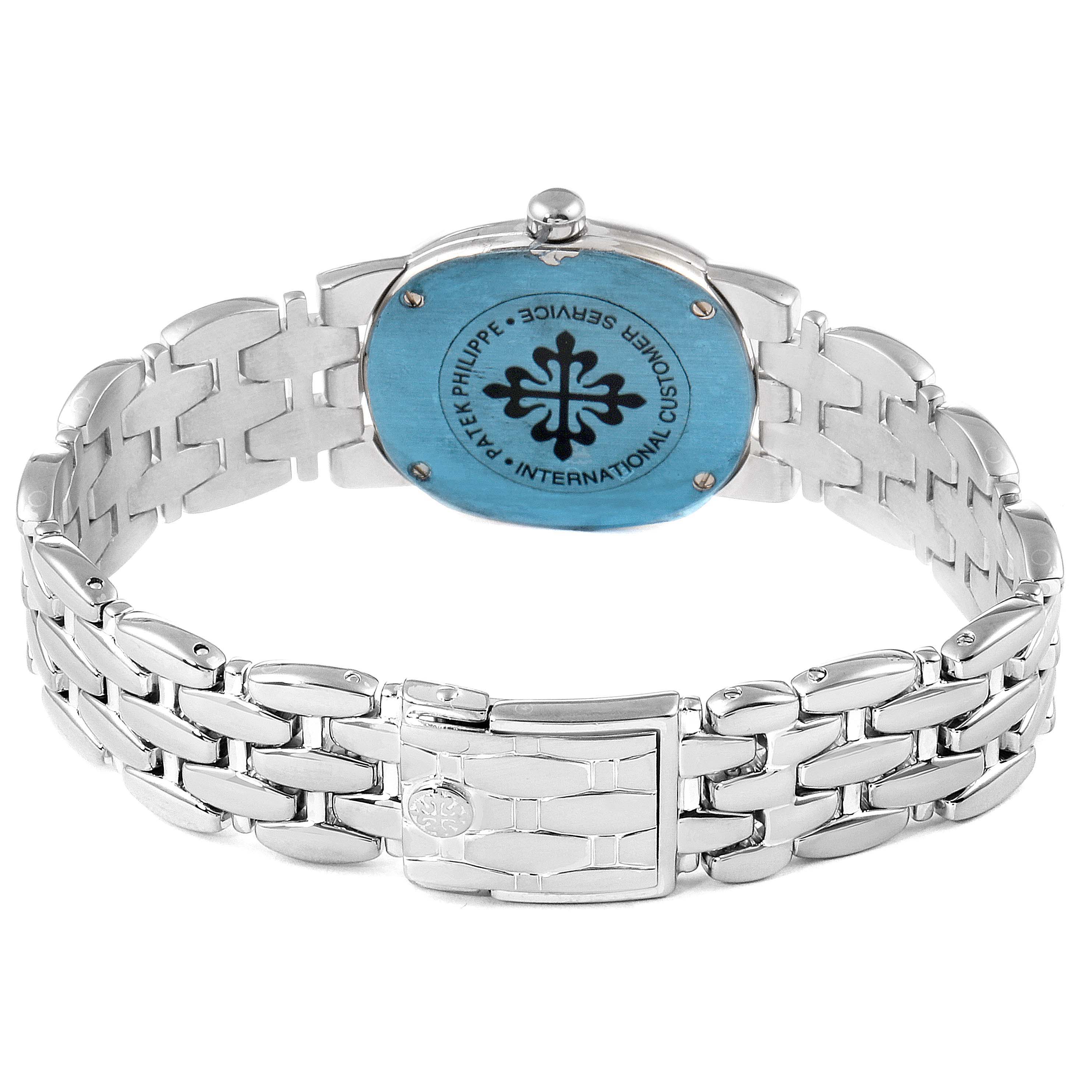 The image shows the back and clasp of the Patek Philippe Golden Ellipse 4830 Women's White Gold Mother of Pearl Dial 4830 Women's White Gold Mother of Pearl Dial watch, highlighting the stainless steel bracelet and case back.