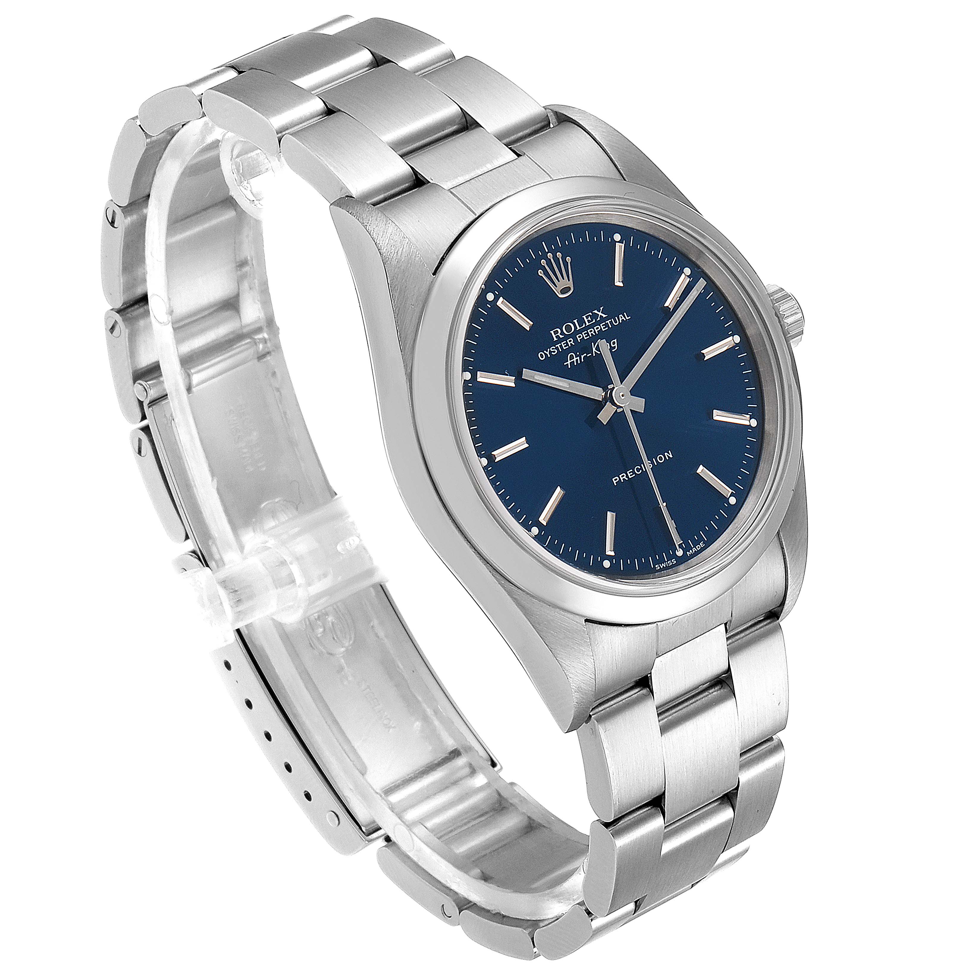 The Rolex Air-King 14000M Men's Stainless Steel Blue Dial 14000M Men's Stainless Steel Blue Dial is shown at a slight angle from the front left, highlighting the watch face, bezel, and bracelet.