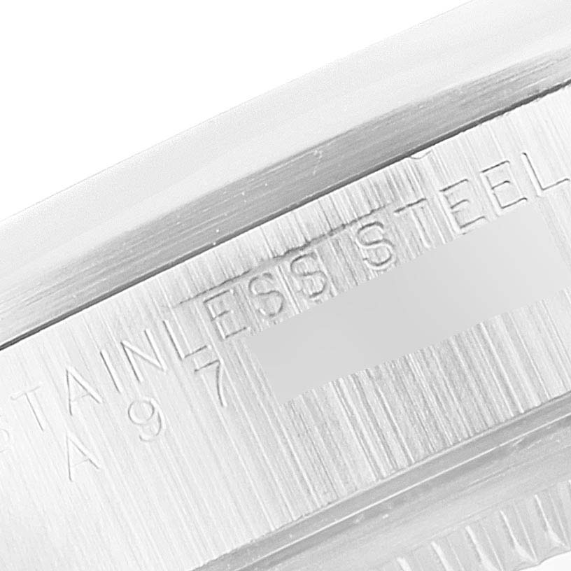 The image shows an angled close-up of the stainless steel part of a Rolex Air-King 14000M Men's Stainless Steel Blue Dial 14000M Men's Stainless Steel Blue Dial watch.