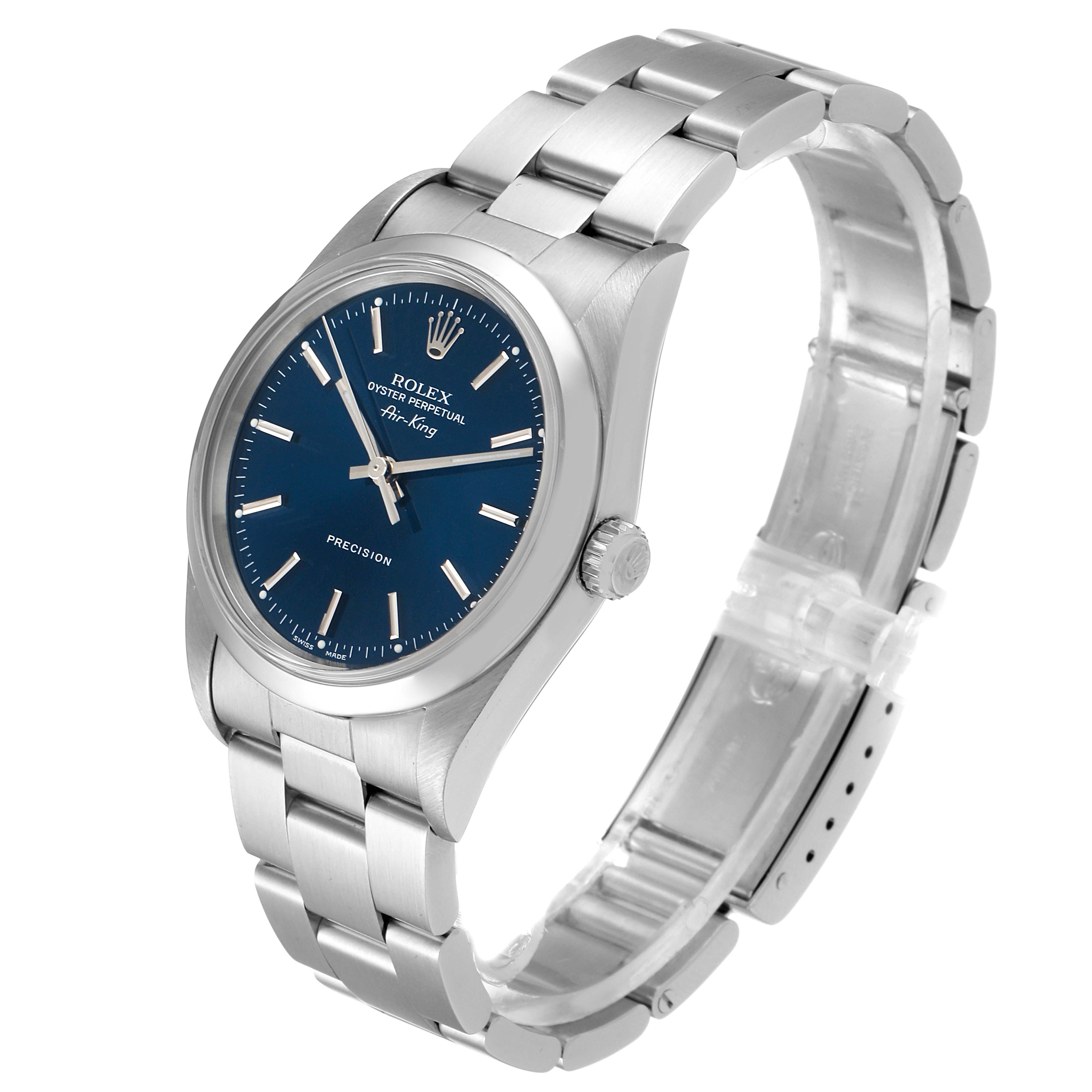 This image shows a Rolex Air-King 14000M Men's Stainless Steel Blue Dial 14000M Men's Stainless Steel Blue Dial watch at a right-side angle, highlighting the dial, case, crown, and bracelet.