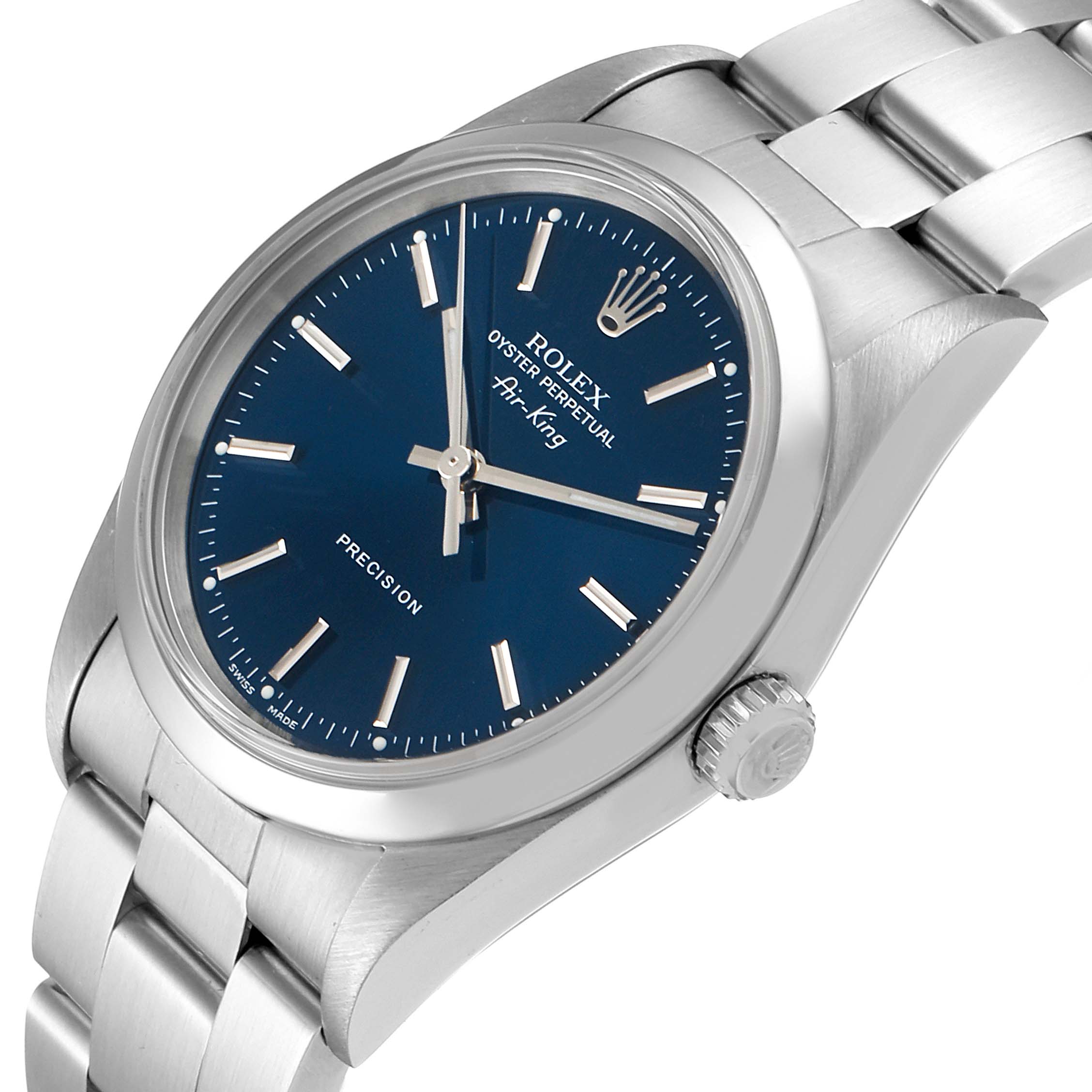 The Rolex Air-King 14000M Men's Stainless Steel Blue Dial 14000M Men's Stainless Steel Blue Dial watch is displayed at a slight angle, showcasing its blue dial, crown, bezel, and part of its bracelet.