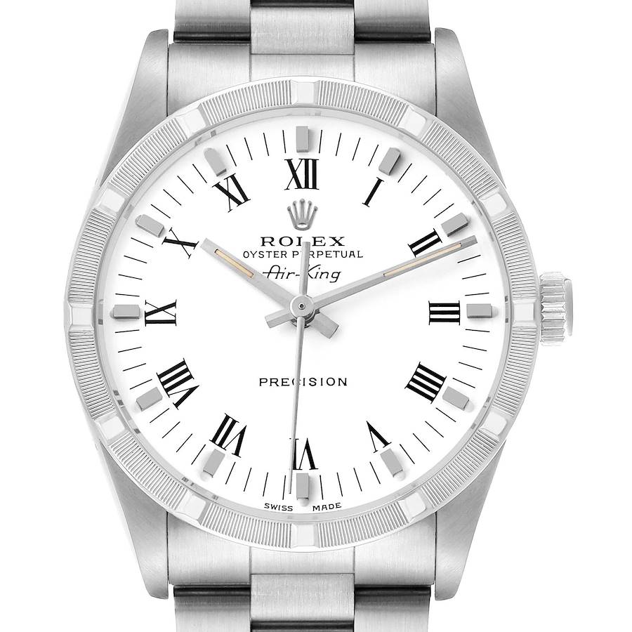 The Rolex Air-King 14010 Men's Stainless Steel White Dial watch is shown from a top, straight-on angle, displaying the face, bezel, crown, and part of the bracelet.