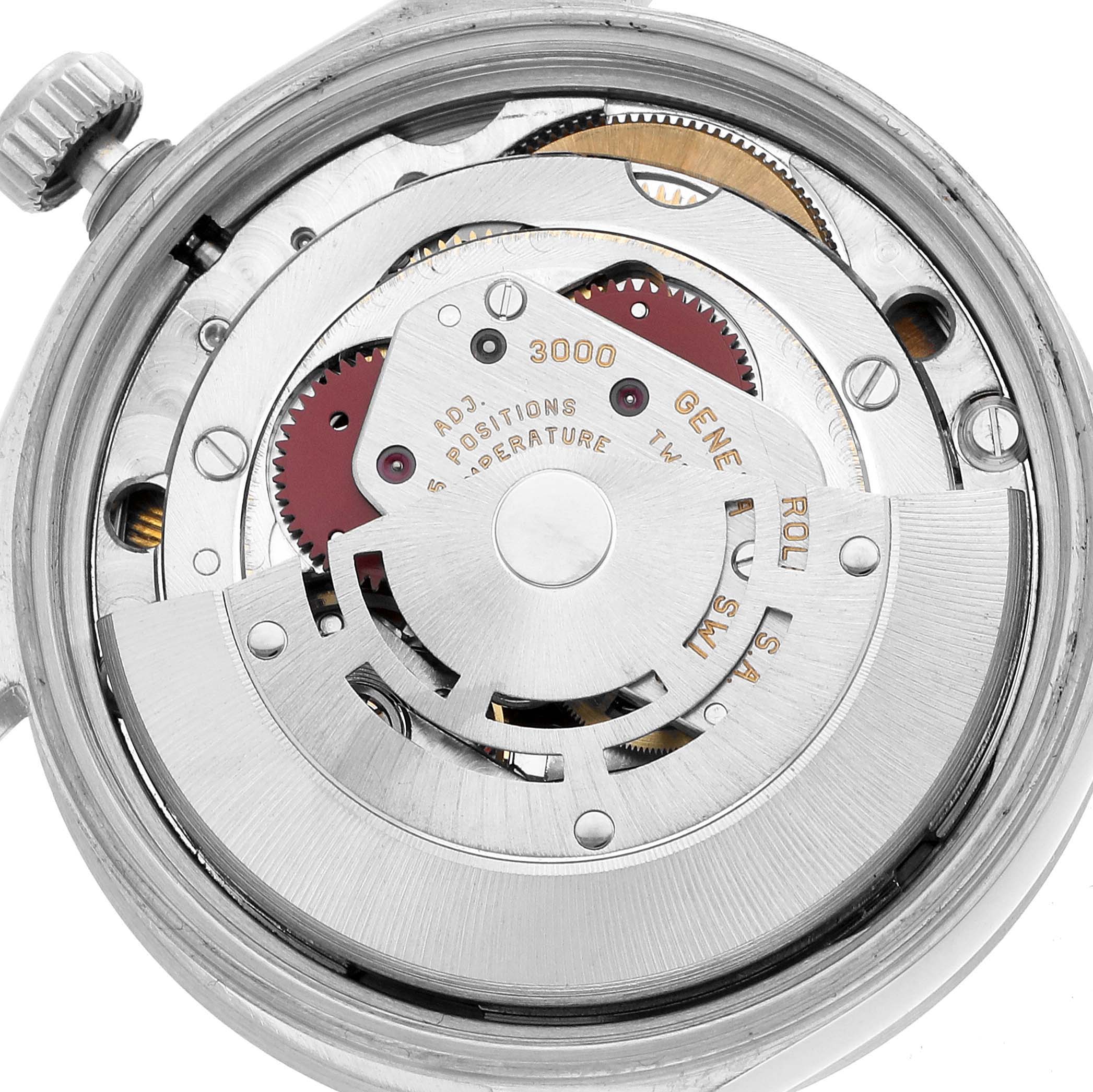 The image shows the back view of a Rolex Air-King 14010 Men's Stainless Steel White Dial, highlighting the intricate movement parts inside the watch case.