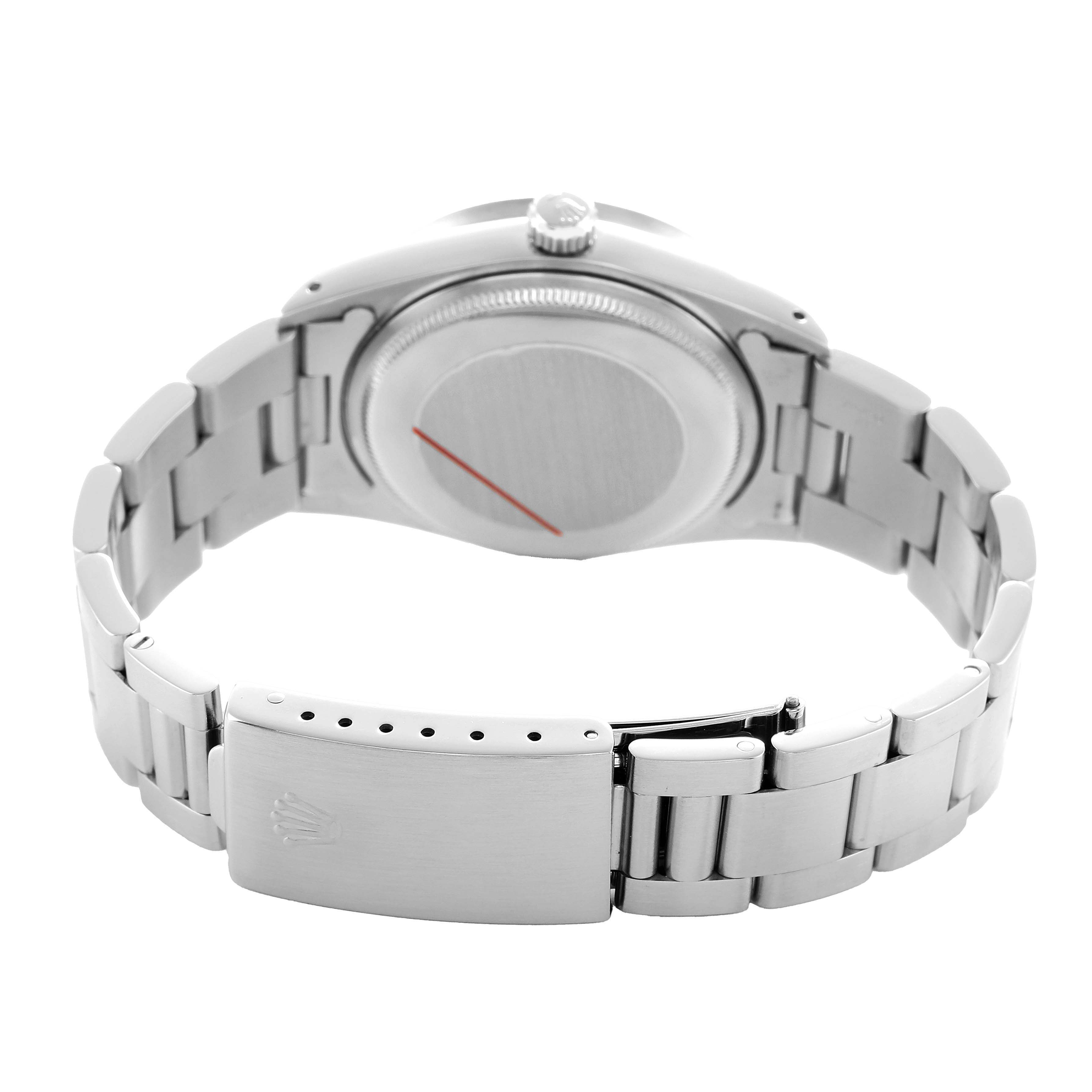 The image shows the backside and clasp of a Rolex Air-King 14010 Men's Stainless Steel White Dial, displaying its bracelet and case back.