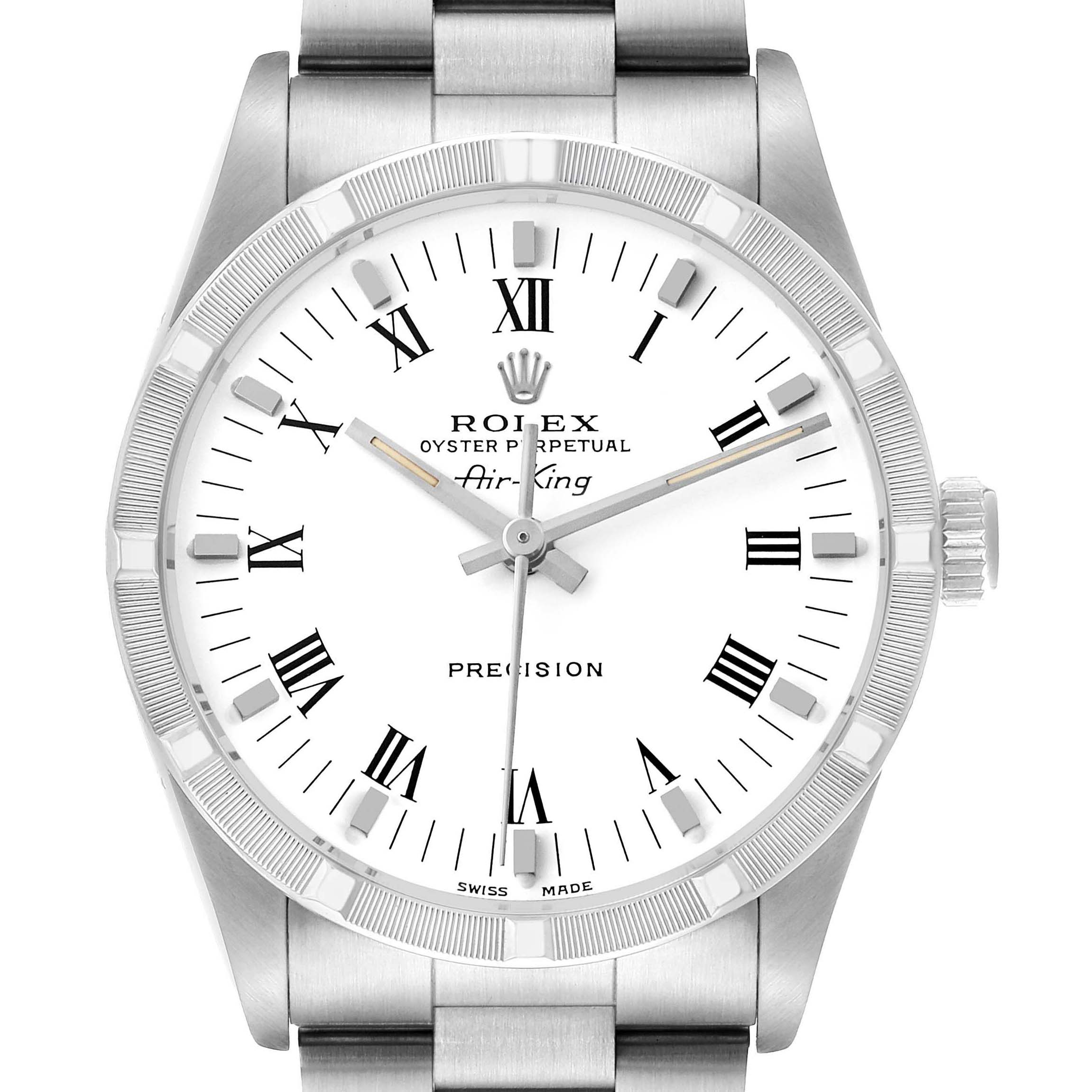 The Rolex Air-King 14010 Men's Stainless Steel White Dial watch is shown from a front angle, highlighting the dial, bezel, crown, and part of the bracelet.