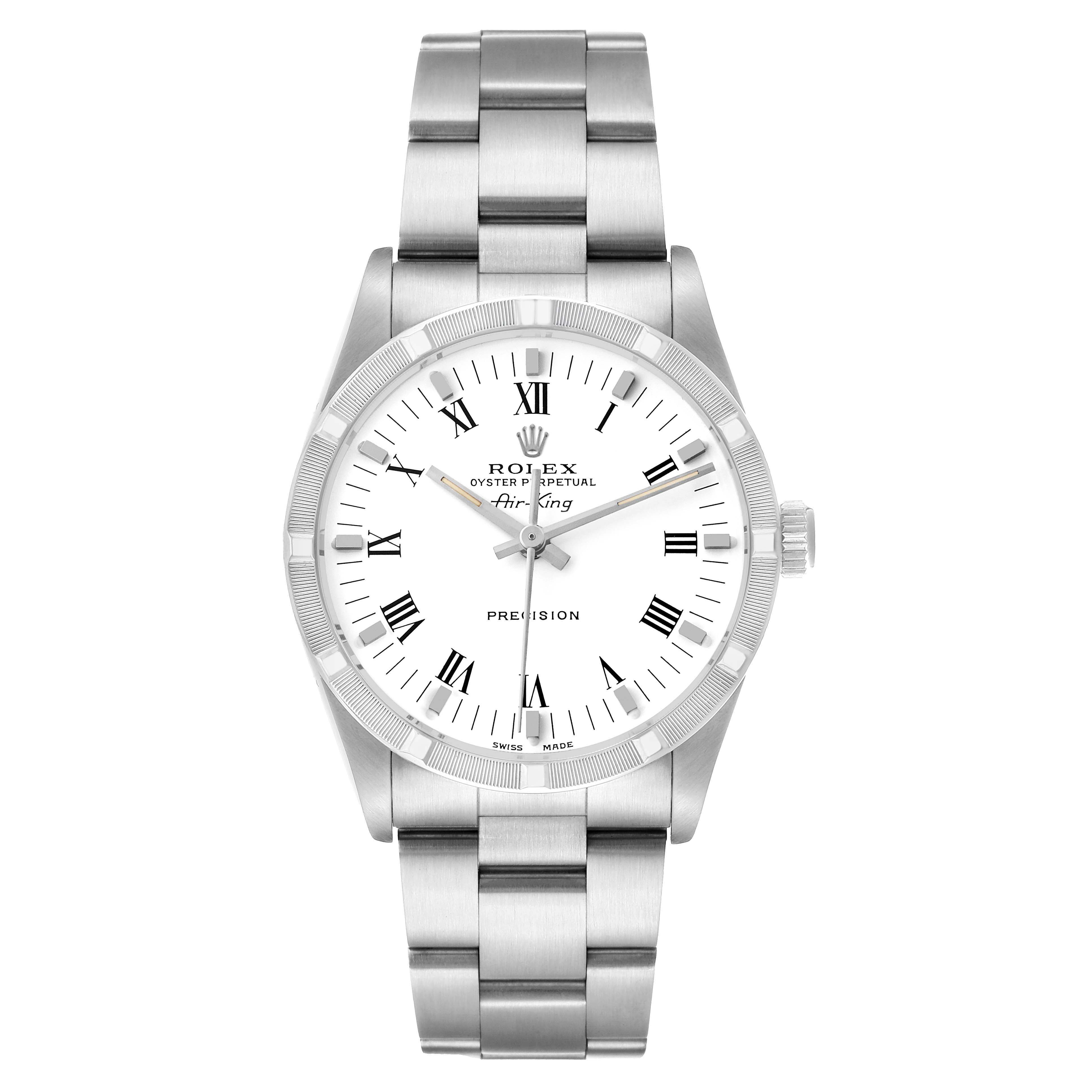 The Rolex Air-King 14010 Men's Stainless Steel White Dial watch is shown from a frontal angle, displaying the bezel, dial, bracelet, and crown.
