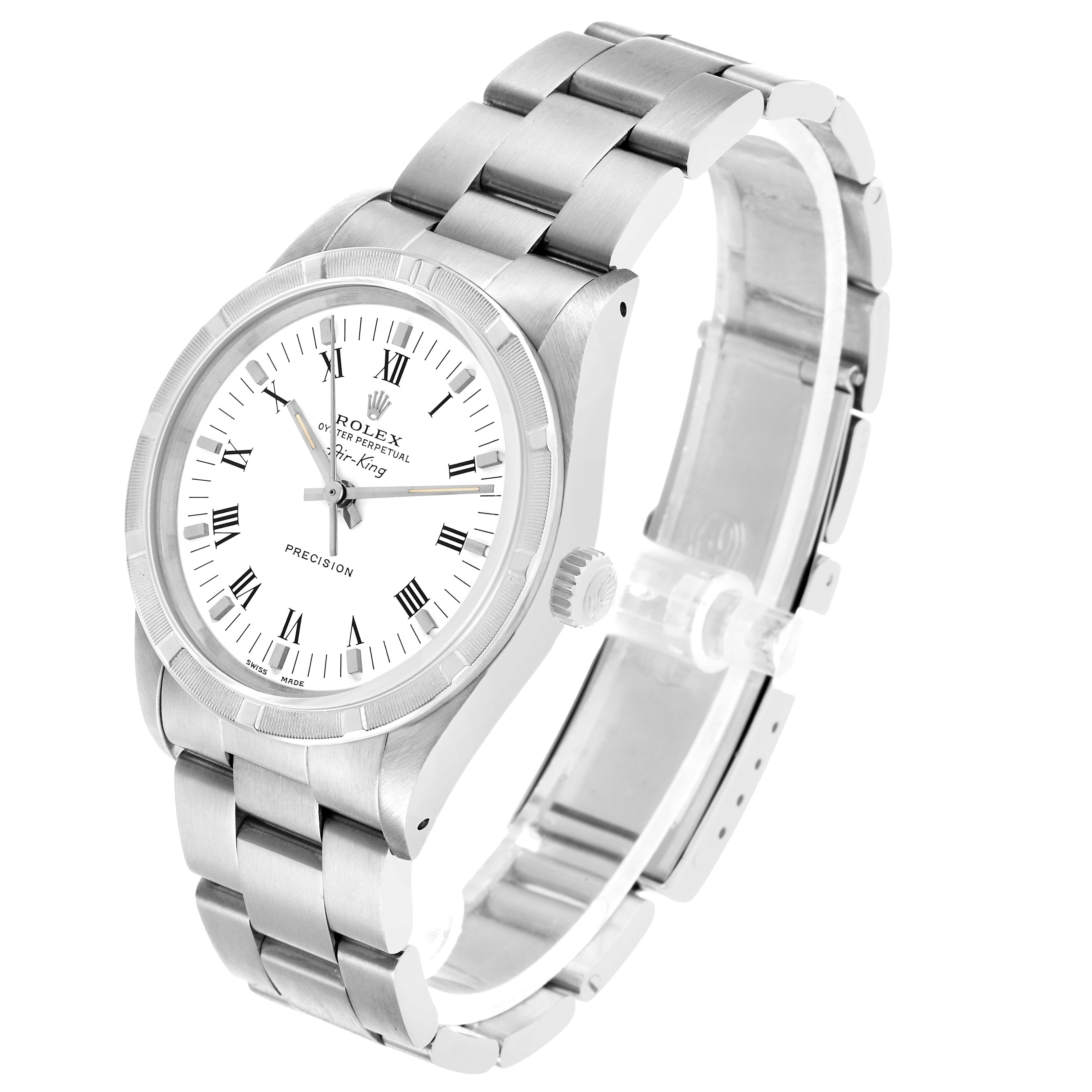 The Rolex Air-King 14010 Men's Stainless Steel White Dial watch is shown at a front-left angle, displaying the face, case, and bracelet.
