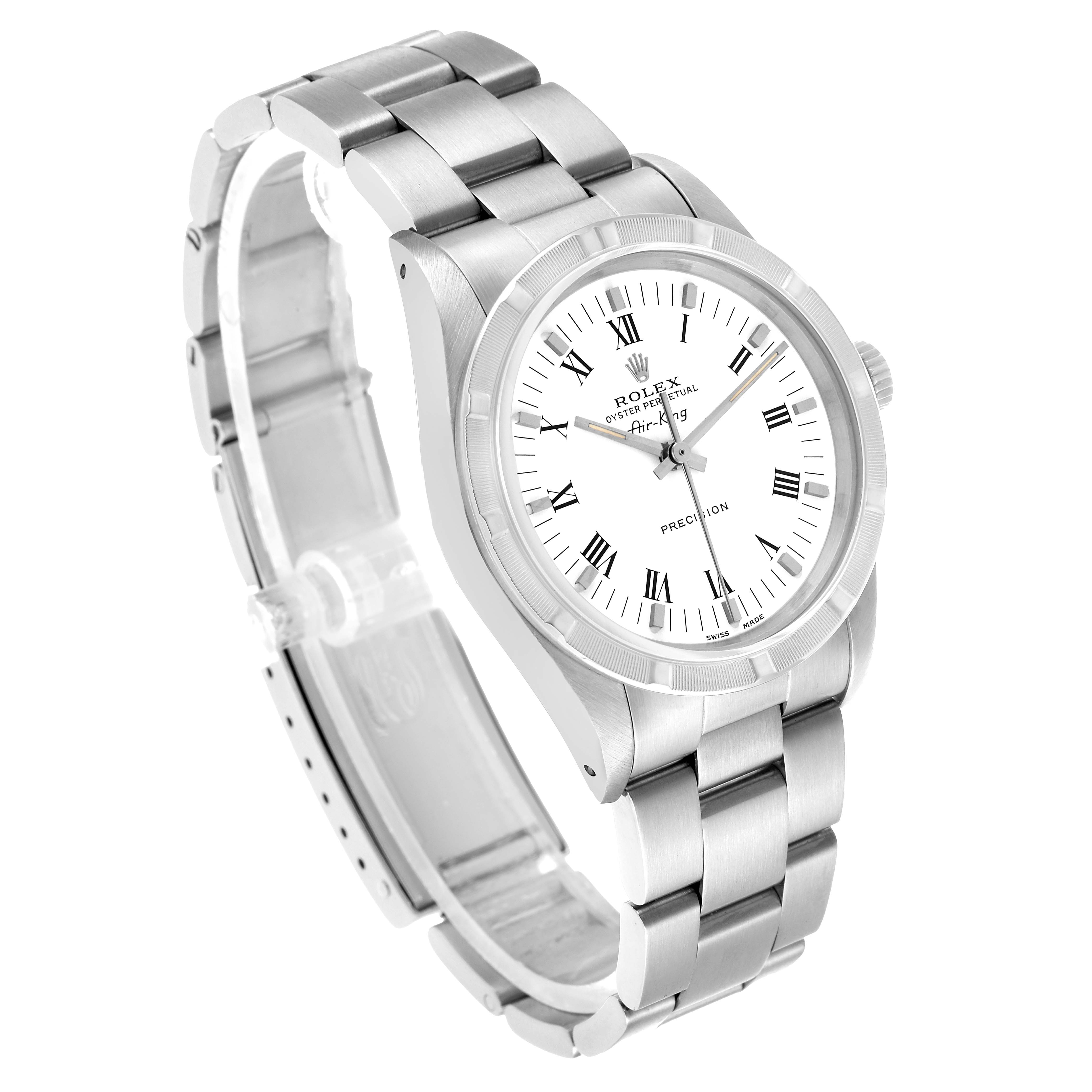 The Rolex Air-King 14010 Men's Stainless Steel White Dial watch is shown at a three-quarter angle, displaying its face, bezel, and full bracelet.