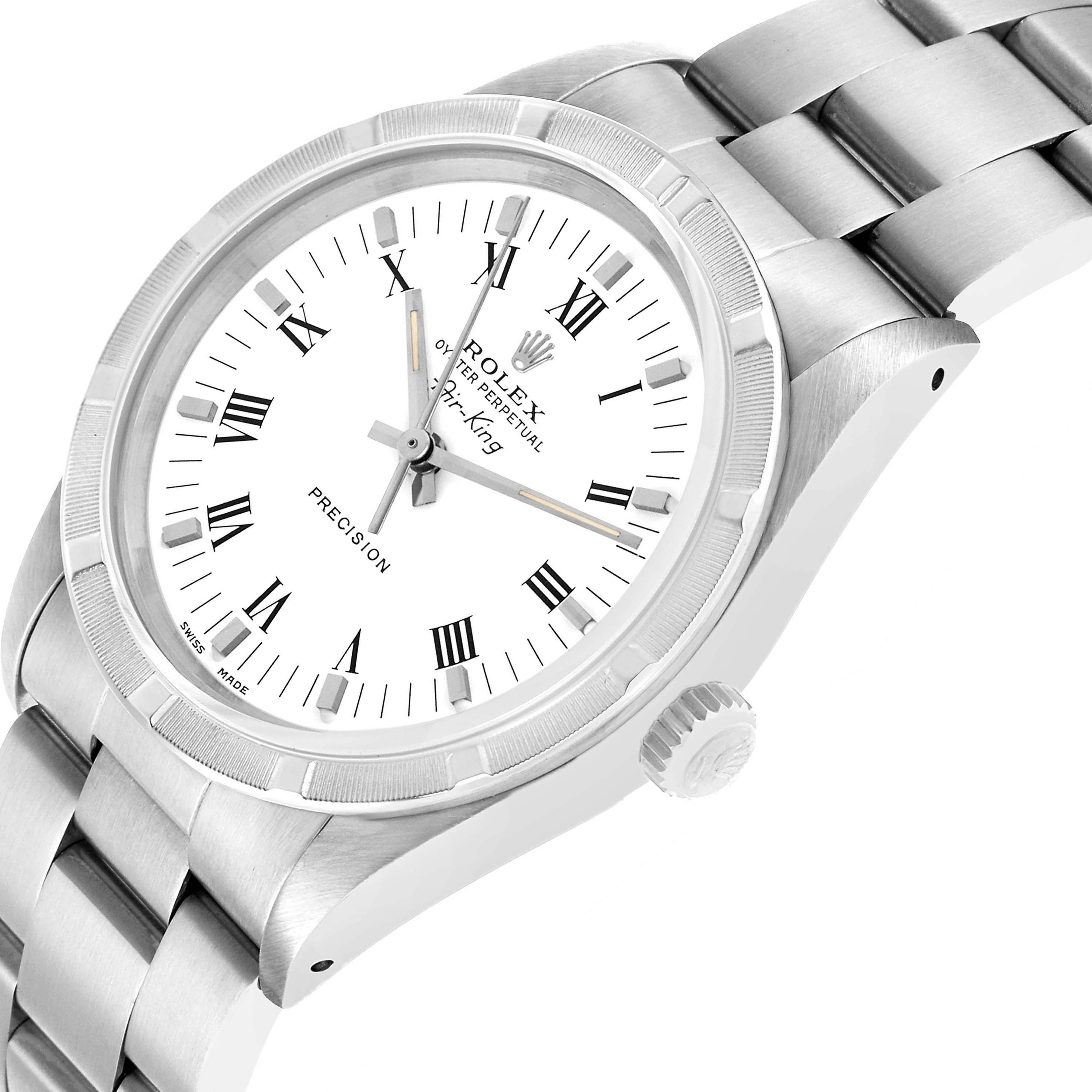 The Rolex Air-King 14010 Men's Stainless Steel White Dial watch is shown from an angled side view, highlighting the face, bezel, crown, and part of the bracelet.