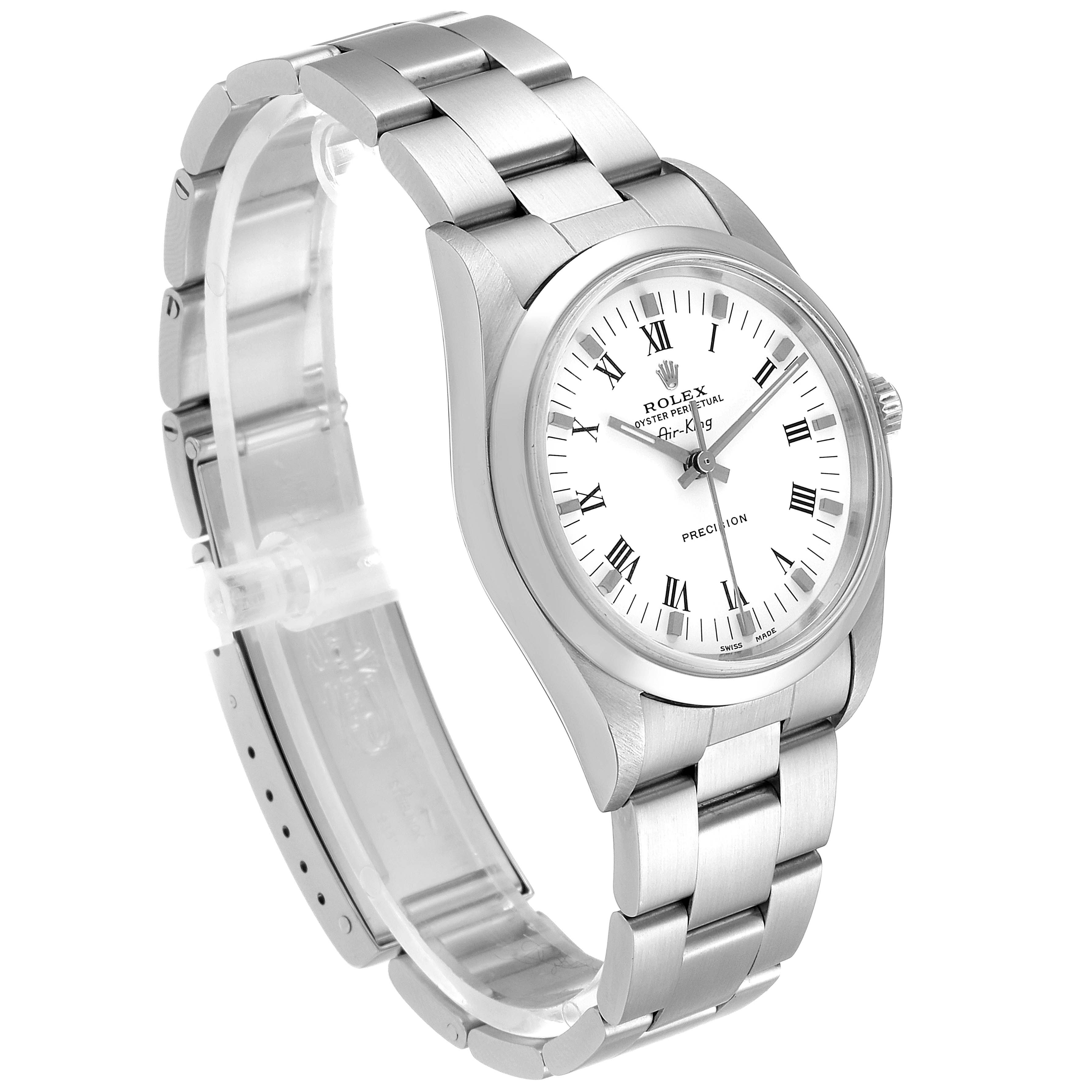 This image shows a Rolex Air-King 14000 Men's Stainless Steel White Dial 14000 Men's Stainless Steel White Dial watch at a three-quarter angle displaying its face, bracelet, and crown.