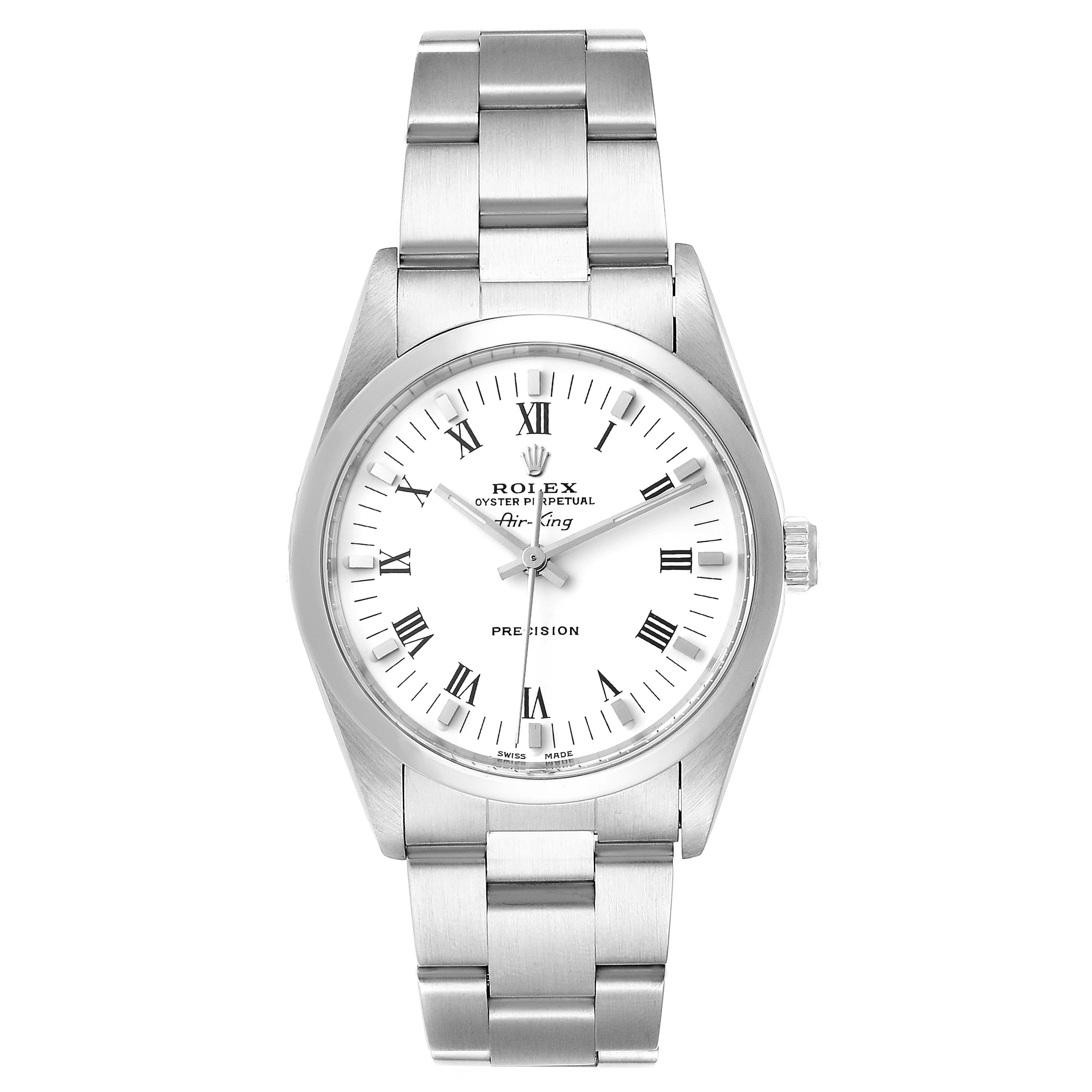 The Rolex Air-King 14000 Men's Stainless Steel White Dial 14000 Men's Stainless Steel White Dial watch is shown from a front angle, displaying the watch face, bezel, and part of the bracelet.