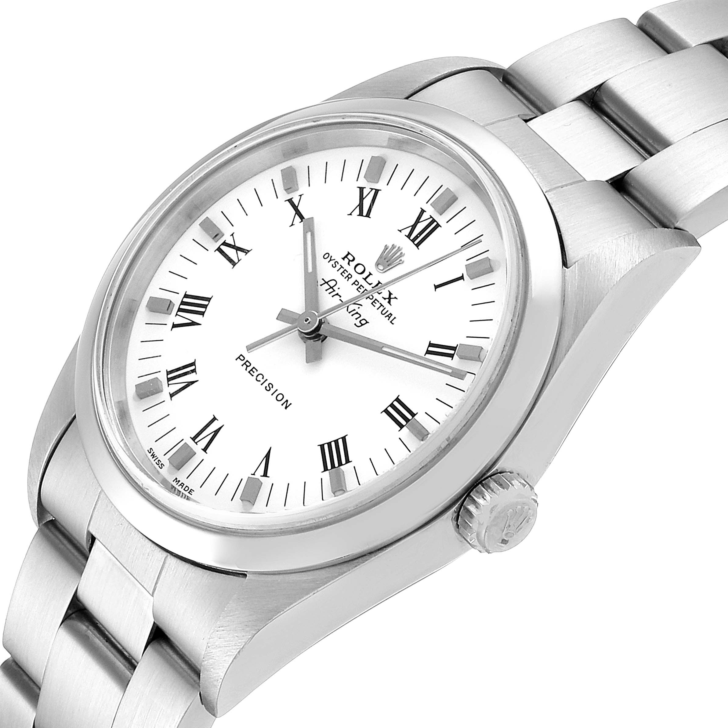 This is a Rolex Air-King 14000 Men's Stainless Steel White Dial 14000 Men's Stainless Steel White Dial watch shown from a tilted top-down angle, featuring its face, crown, and bracelet.