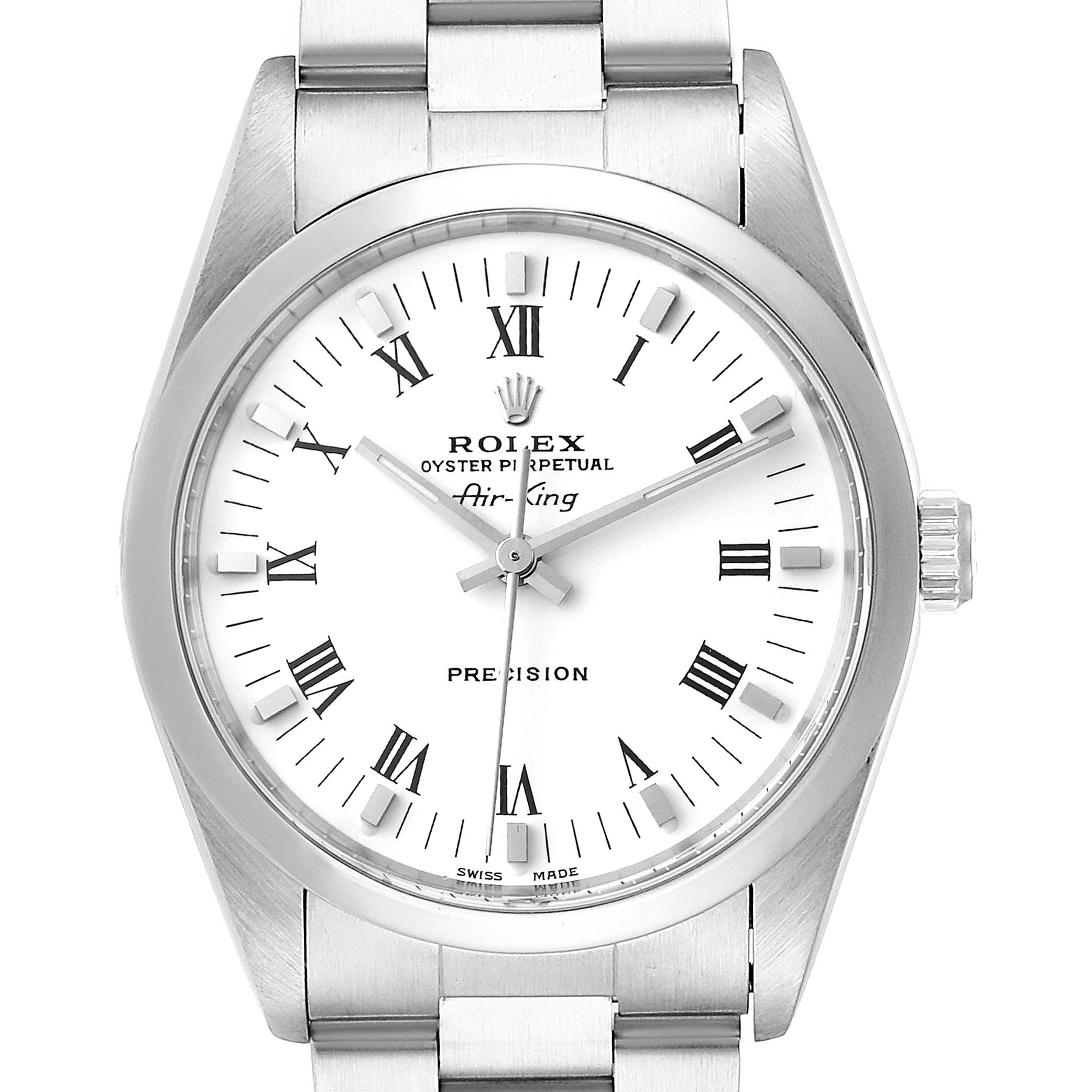 The image shows a front view of a Rolex Air-King 14000 Men's Stainless Steel White Dial 14000 Men's Stainless Steel White Dial watch, displaying the dial, hands, crown, and part of the bracelet.